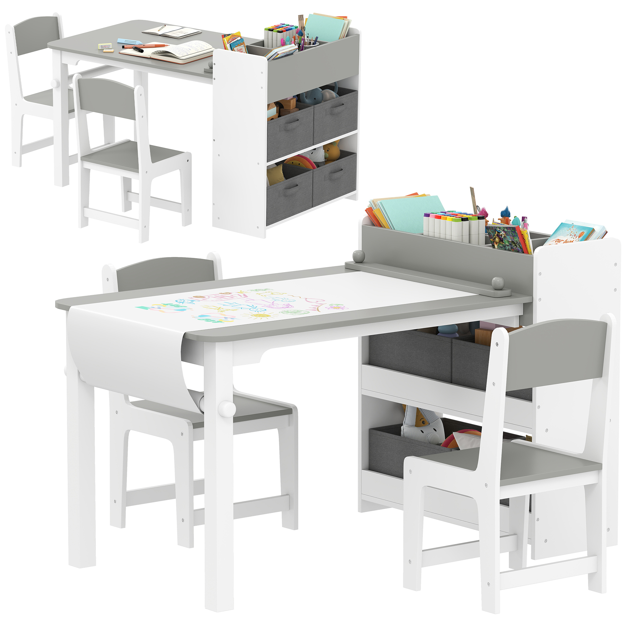Kids Desk and Chair Set with Paper Roll, Kids Activity Craft Table with Storage Shelves and Drawers, Gray