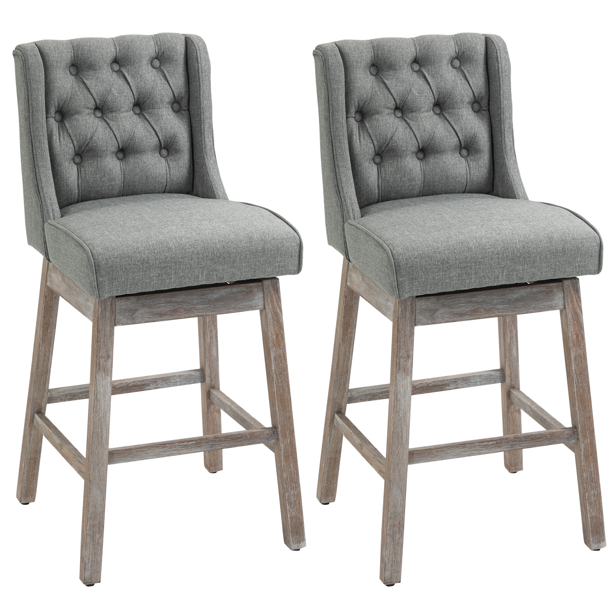 Bar Height Bar Stools Set of 2, 180 Degree Swivel Barstools with Solid Wood Footrests and Button Tufted Design, 30" Seat Height Bar Chairs for Kitchen Island, Gray