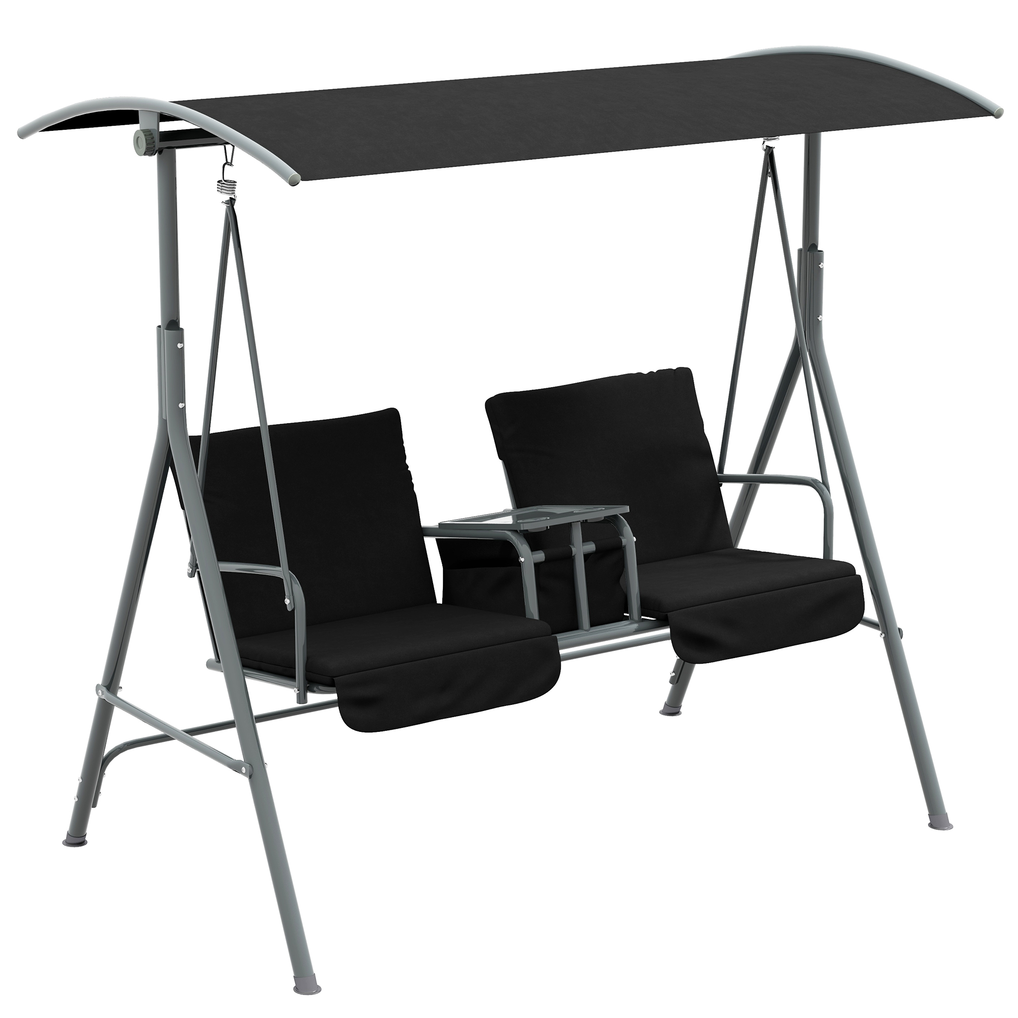 2-Seater Outdoor Porch Swing with Canopy and Table, Patio Swing Chair for Garden, Poolside, Backyard, Black