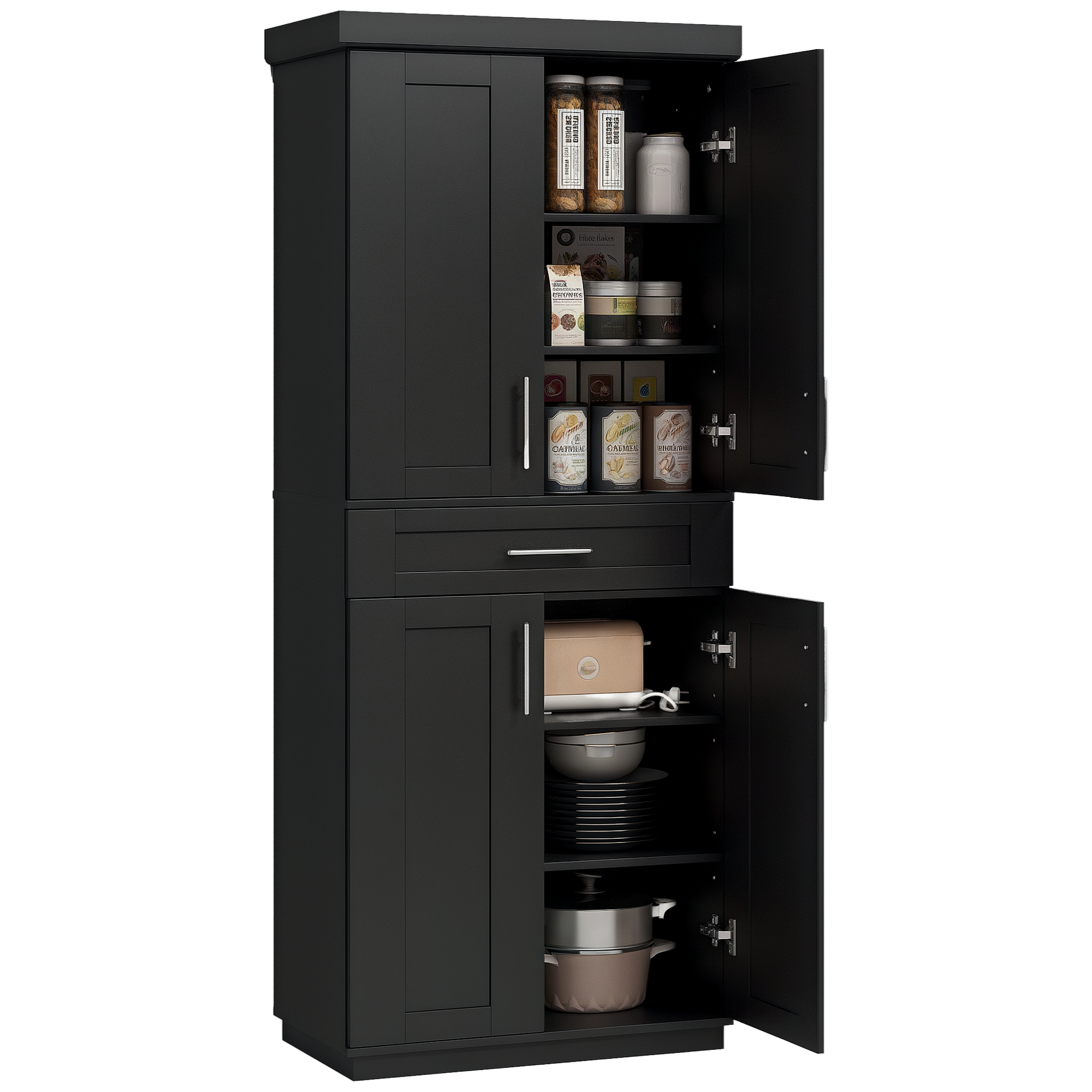 Modern Kitchen Pantry Freestanding Cabinet Cupboard with Doors and Drawer, Adjustable Shelving, Black