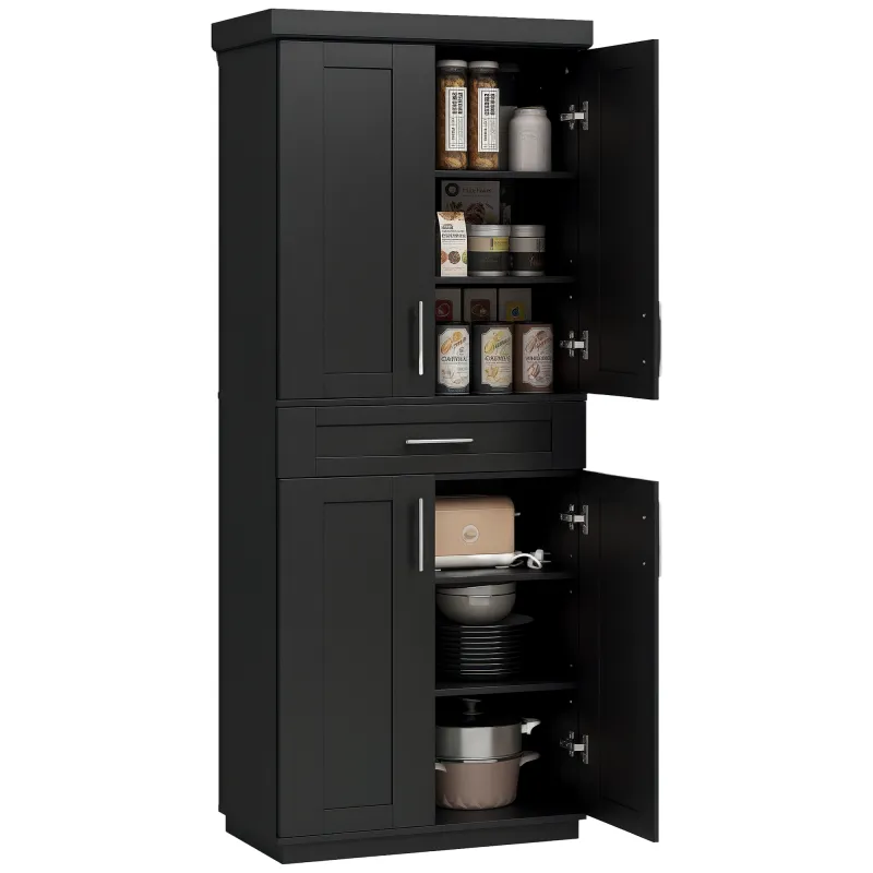 Modern Kitchen Pantry Freestanding Cabinet Cupboard with Doors and Drawer, Adjustable Shelving, Black