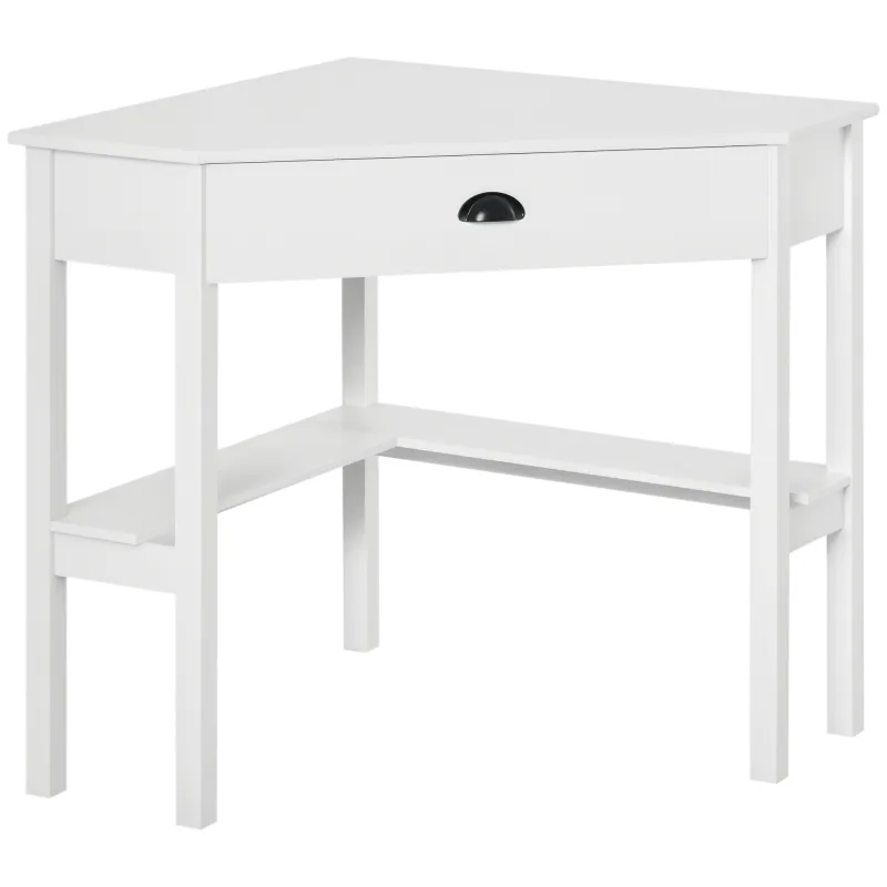 Corner Desk, Triangle Computer Desk with Drawer and Storage Shelves for Small Spaces, Home Office Workstation for Living Room, or Bedroom, White