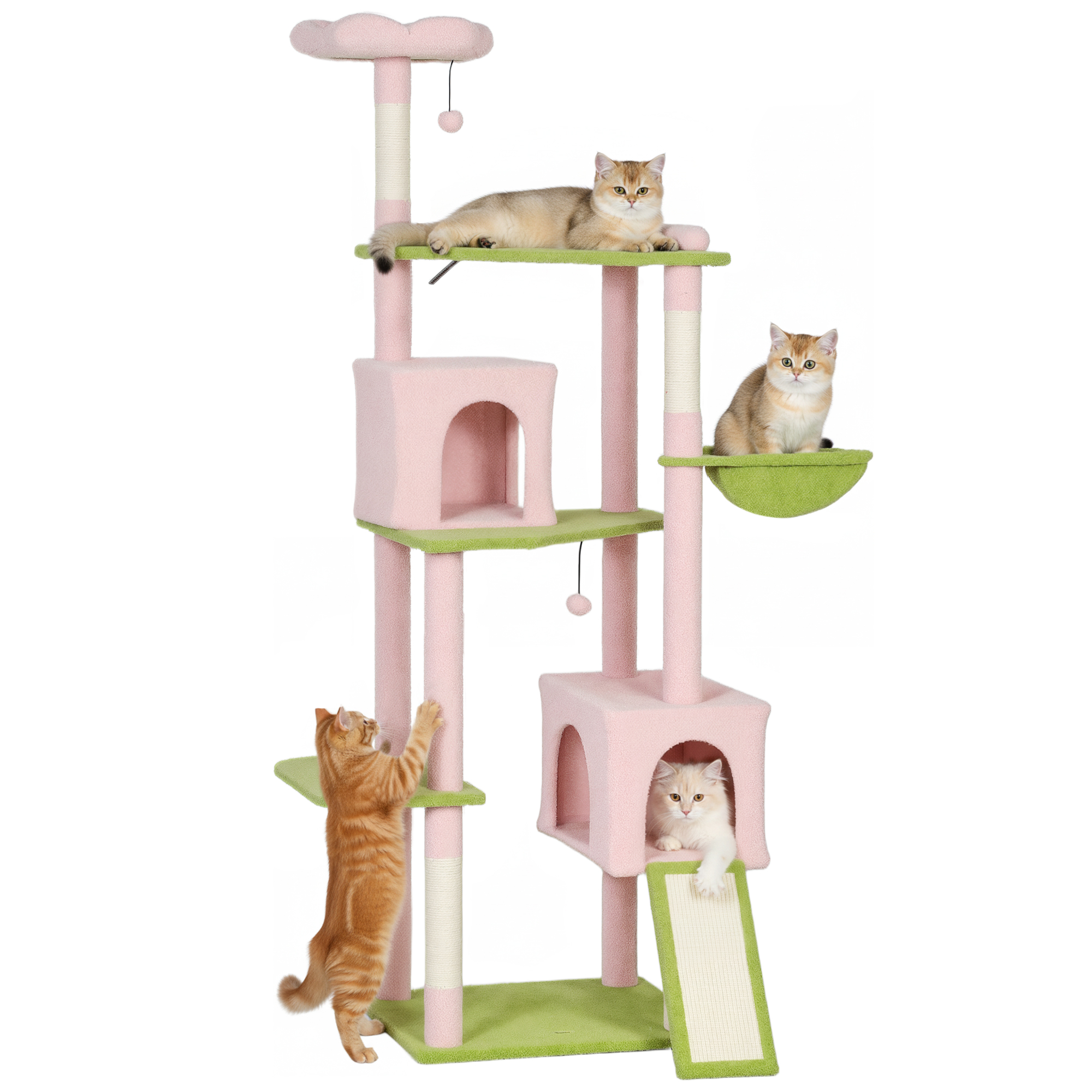 74" Flower Cat Tree, Large Cat Tower with Scratching Post & Board for Indoor Cats, Pink