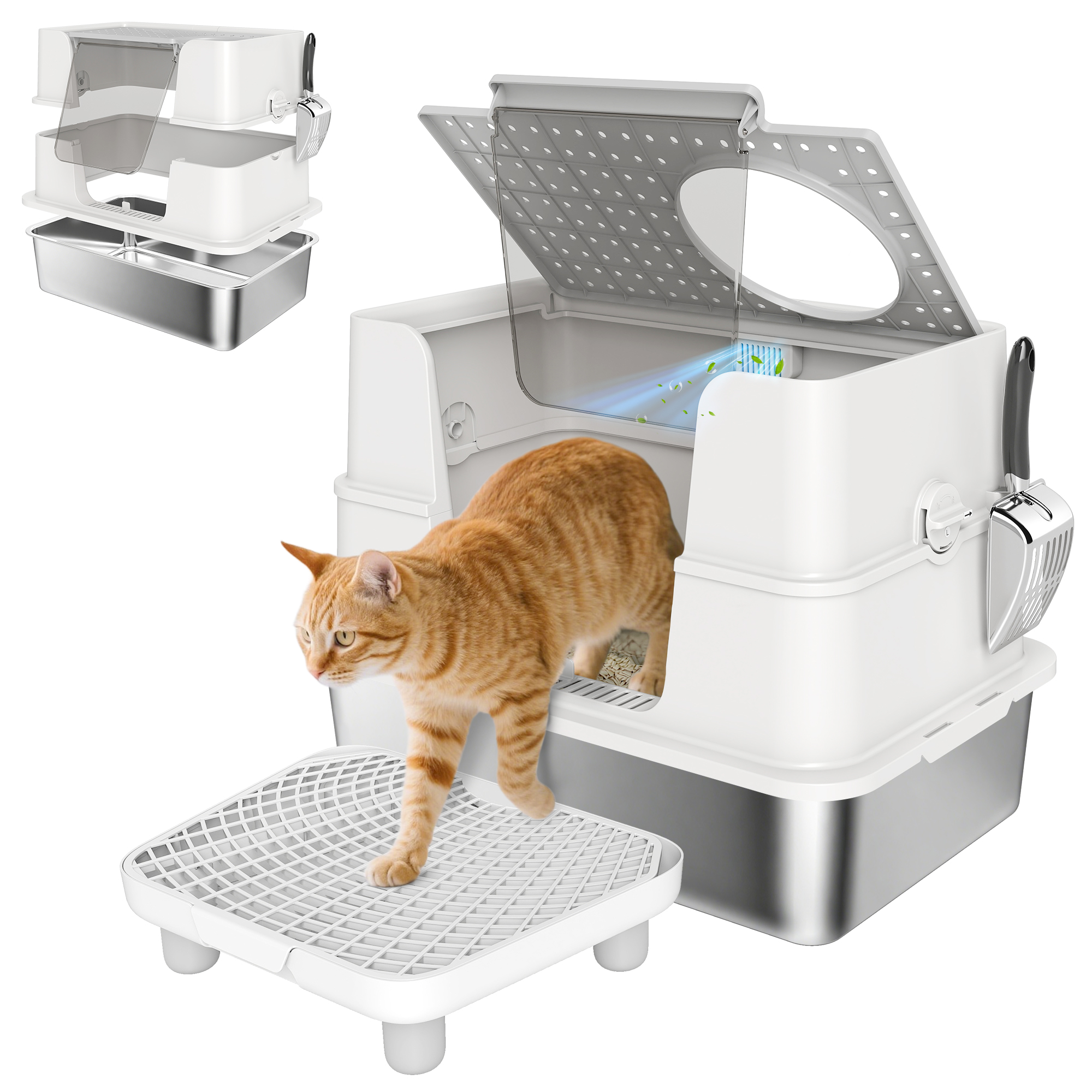 XL Stainless Steel Litter Box w/ 100° Flip Top, Scoop, Step, Top & Side Entry Enclosed Litter Box for Big Cats