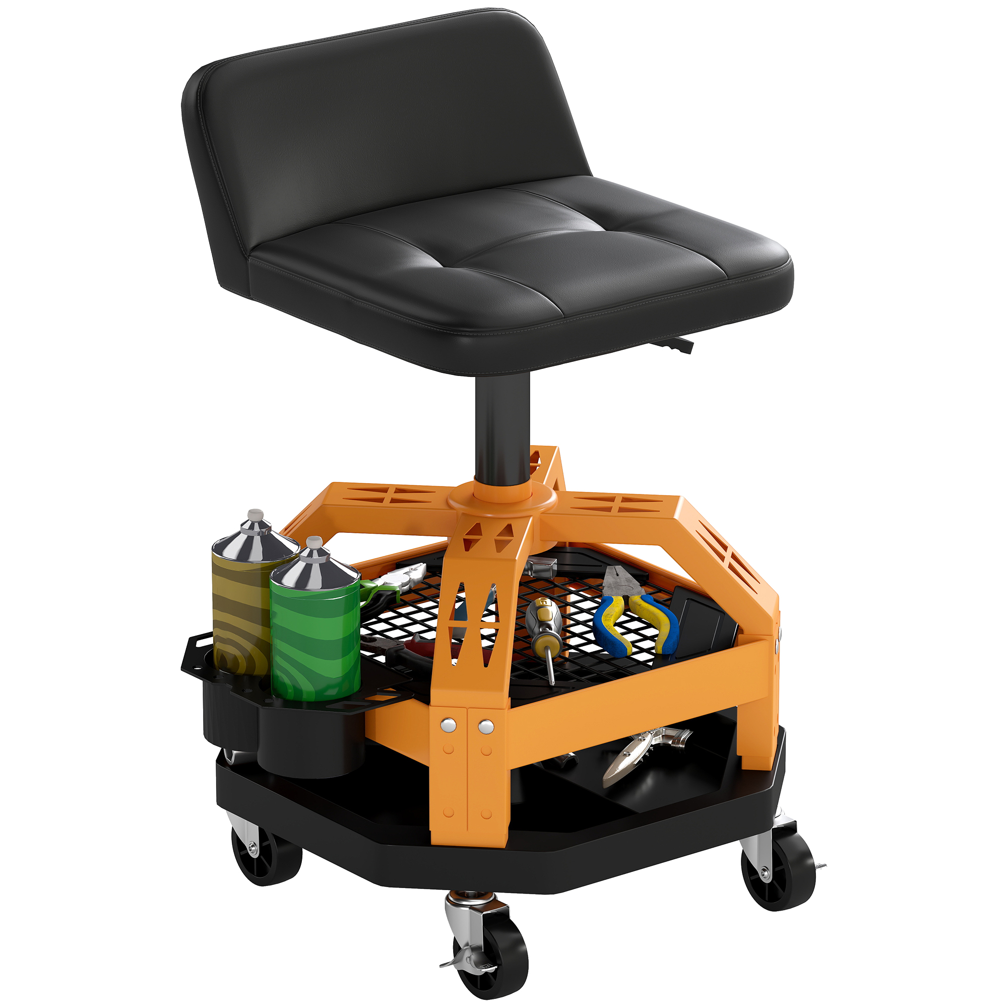 Rolling Creeper Garage Stool, 300 LBS Capacity Mechanic Stool with 360° Wheels, Tool Tray, Adjustable Height, Yellow