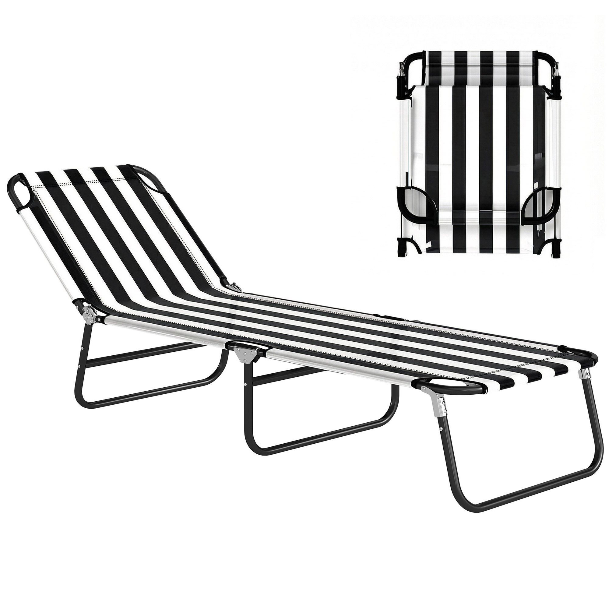 Portable Folding Adjustable Sun Beach Lounger / Camping Cot - Black and White
