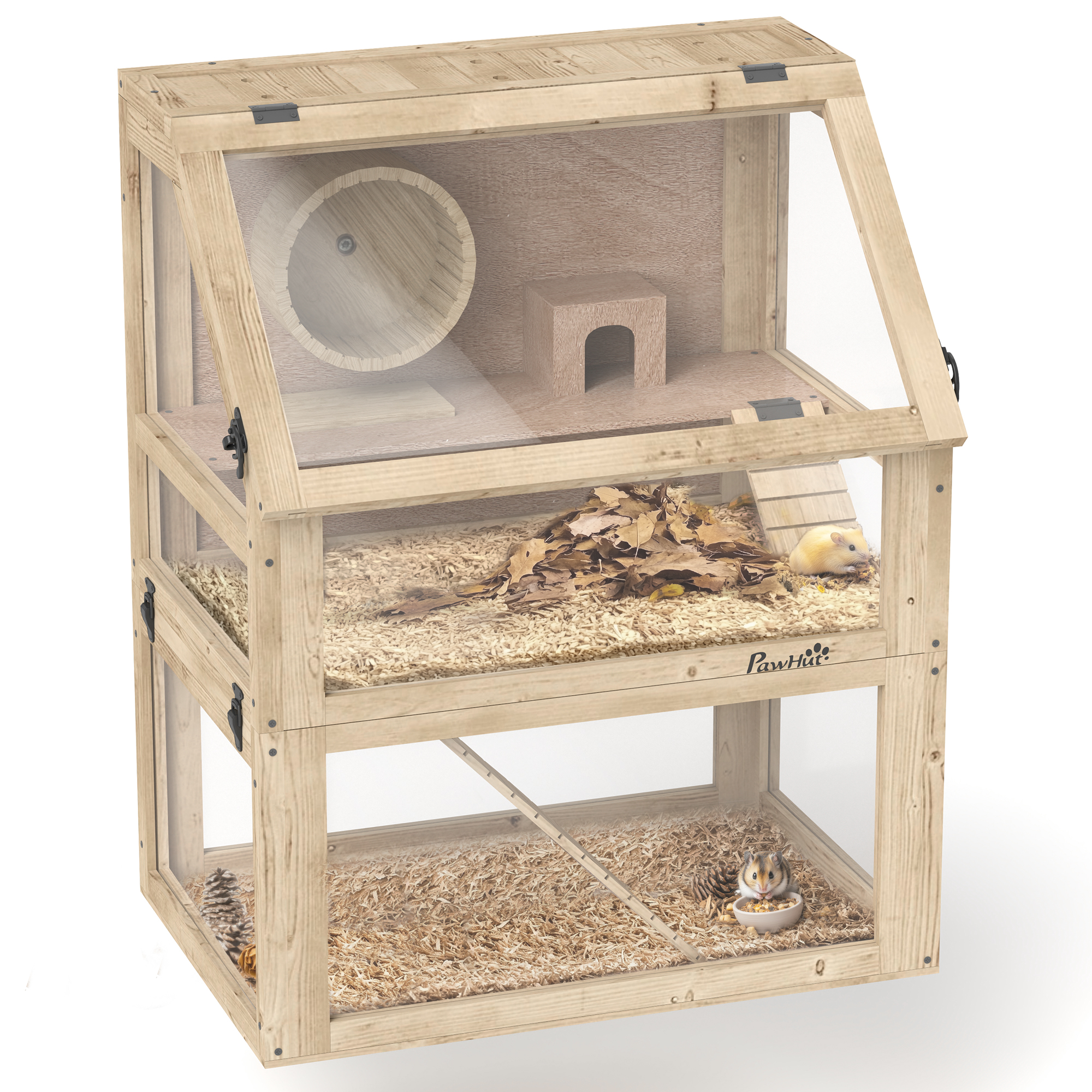 3 Tier Wooden Hamster Cage w/ Detachable Bottom, Hut, Seesaw, Exercise Wheel, Ramps, 24" x 16" x 29.5"