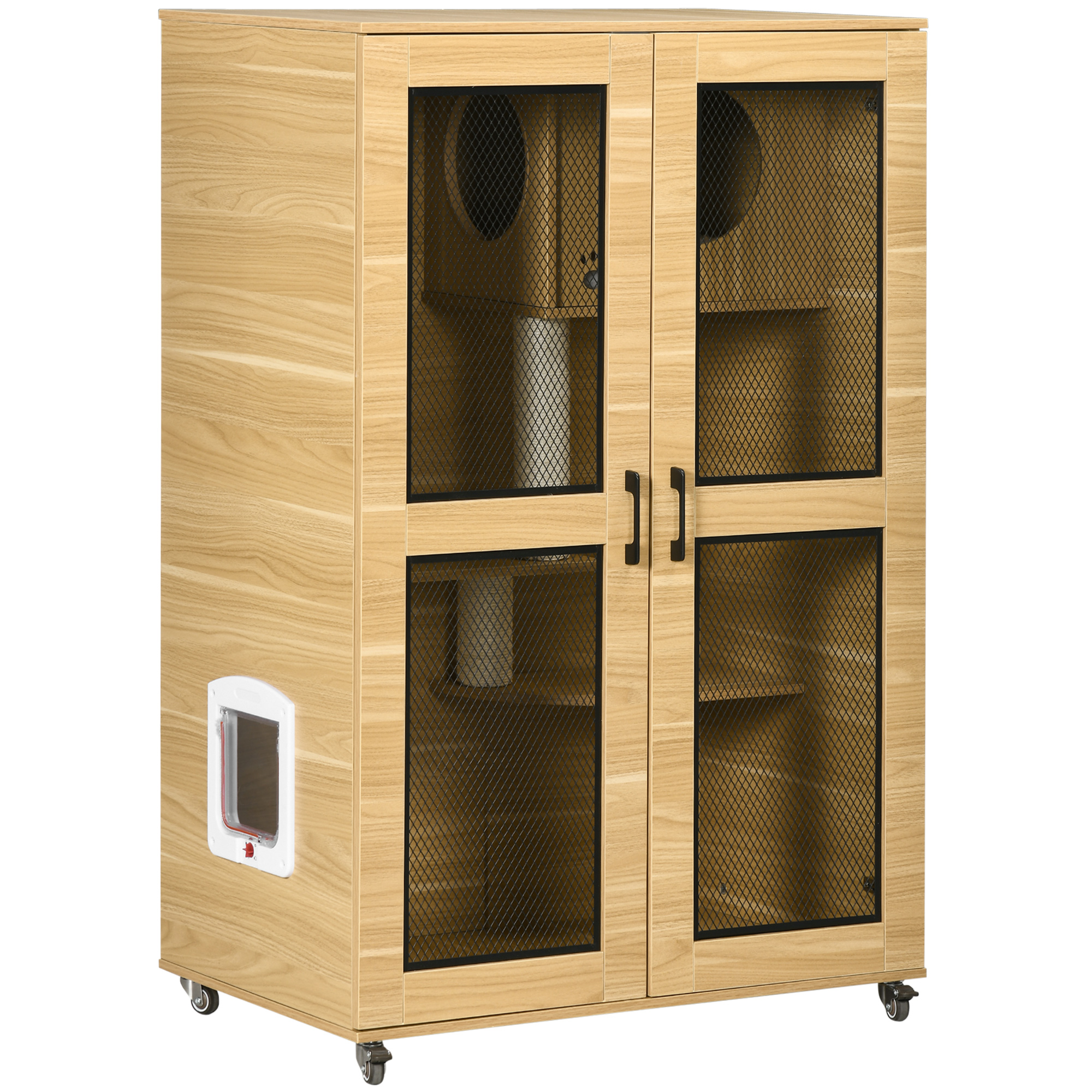  Luxury Cat House with Wheels,  Kitty Cage Catio Villa for Indoor Cats with Scratching Posts, Condo, Flap Door, Cushion, Oak, 31.5" x 20" x 48.5"