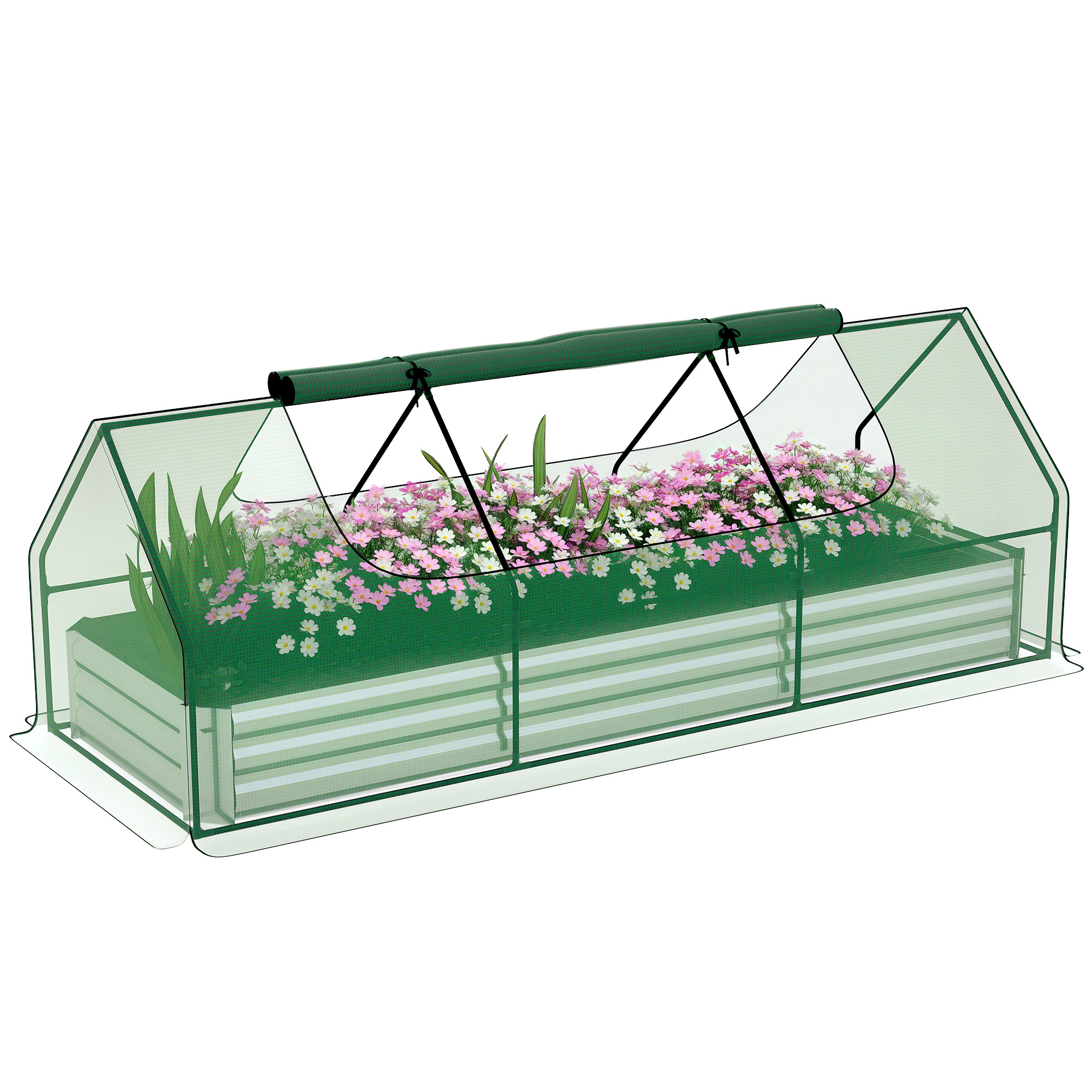 8.6 x 3 x 1ft Metal Planter Box with Mini Greenhouse, Galvanized Raised Garden Bed with Cover for Herbs and Vegetables, Small Greenhouse for Patio Garden Balcony, Green and Silver