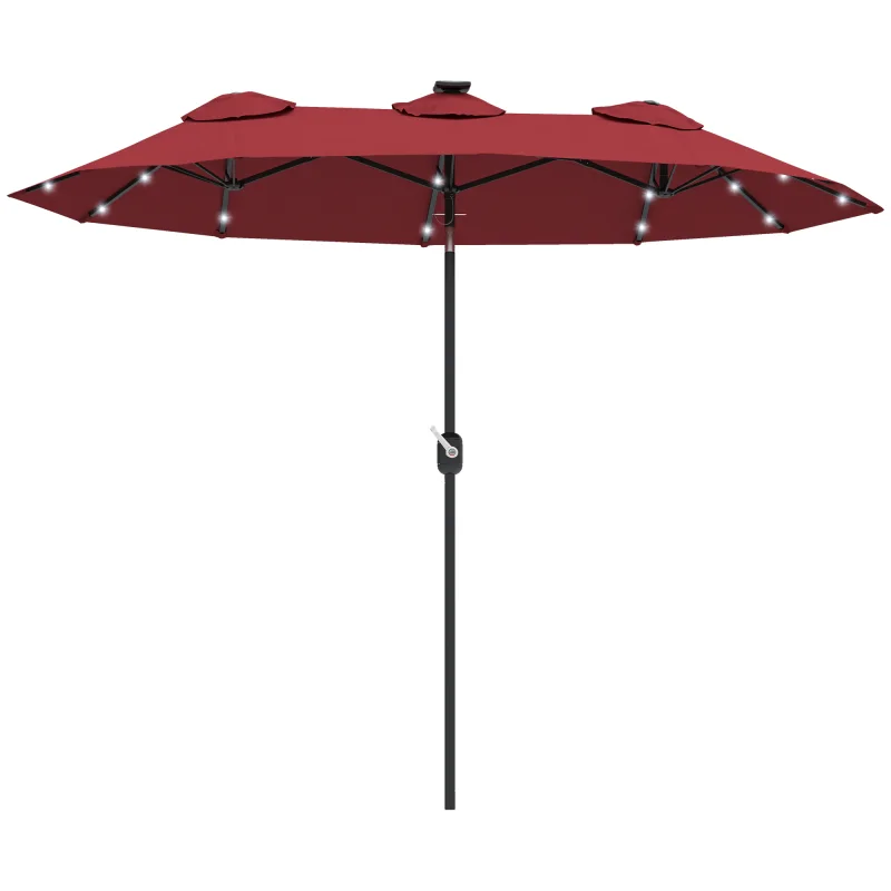 Double-sided Patio Umbrella, 9.7' Outdoor Umbrella with Tilt and Crank, LED Solar Light and 12 Ribs, Wine Red