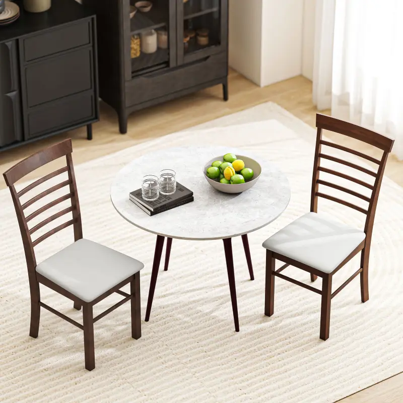Wooden Dining Chairs Set of 2, Farmhouse Upholstered Kitchen Chairs with Rubber Wood Frame, Dark Brown and Beige
