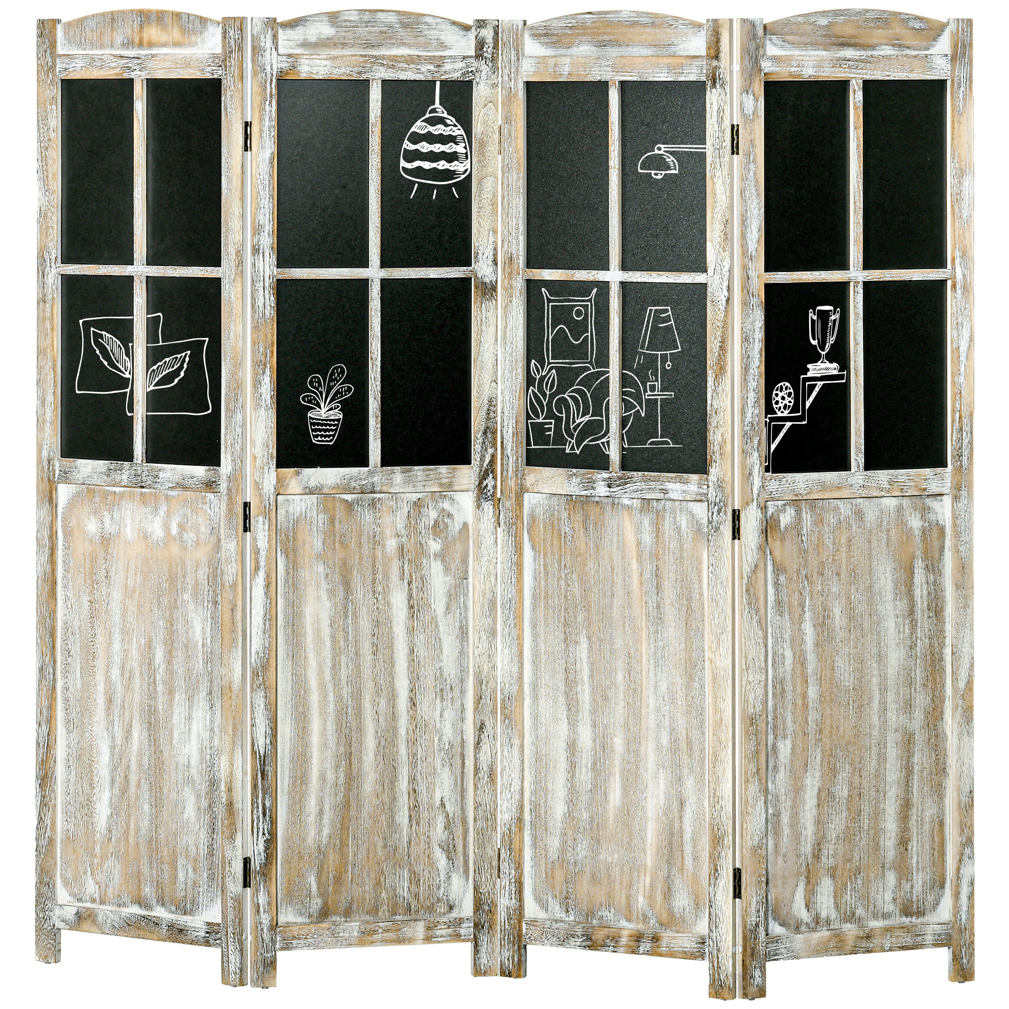 4 Panel Room Divider, 5.6' Tall Farmhouse Style Folding Indoor Portable Wood Privacy Screen with Black Boards, Hinged Freestanding Partition Wall Dividers for Home Office, Natural