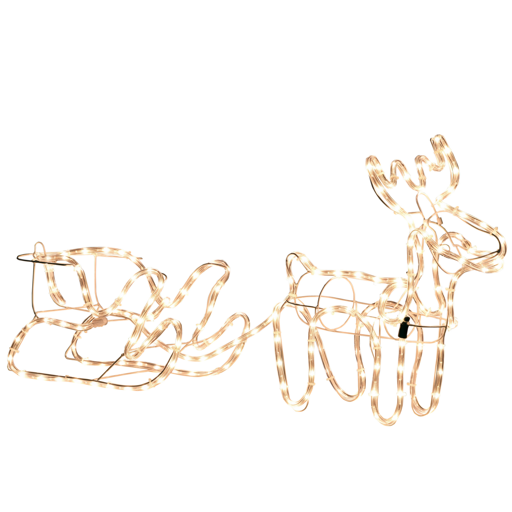  35" Christmas Reindeer and Sleigh with LED Motif Warm White Lighting, Indoor Outdoor Steel Frame Yard Decoration