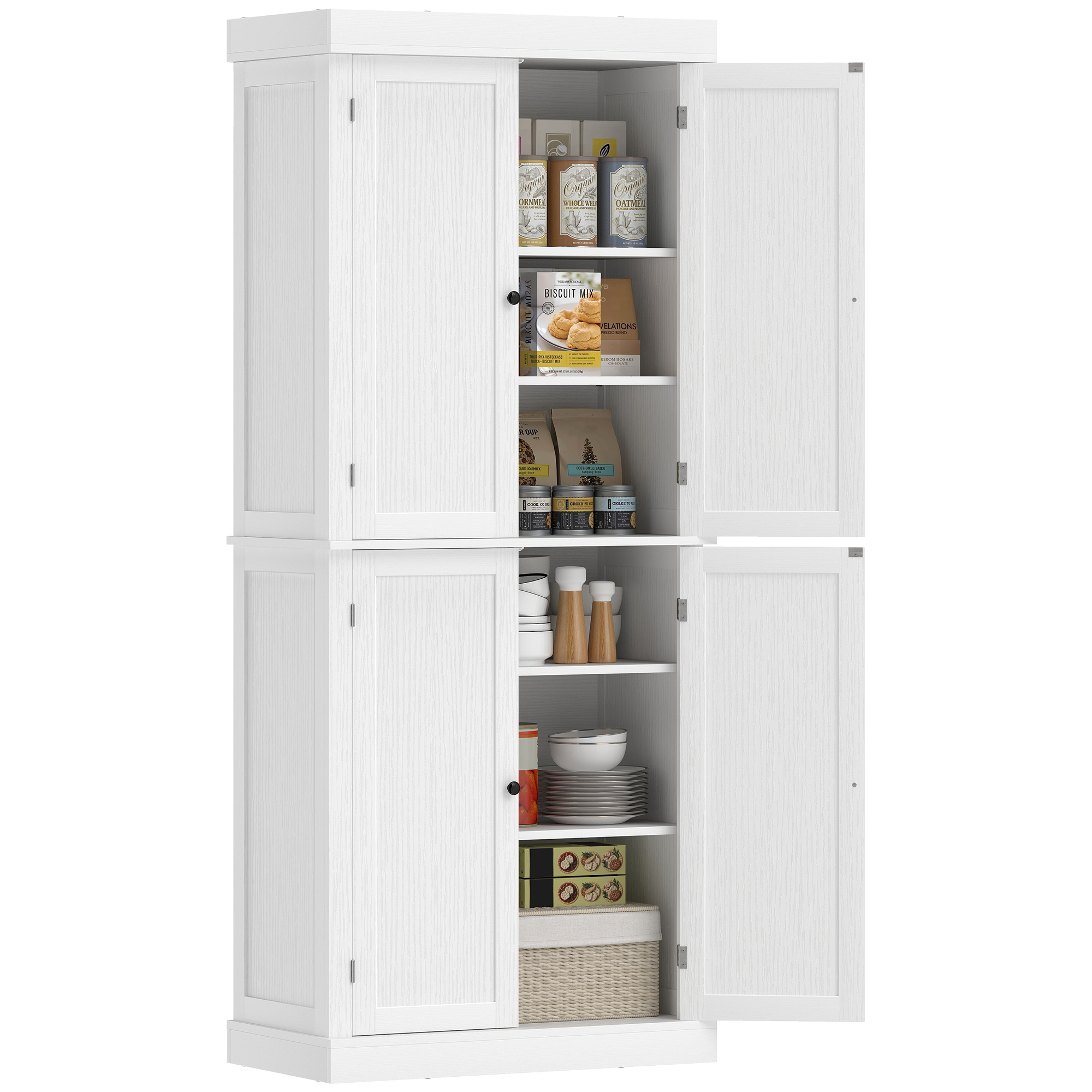 72" Kitchen Cabinet, Pantry Storage Cabinet with Doors and Shelves, Freestanding Food Pantry Cabinet, White Wood Grain