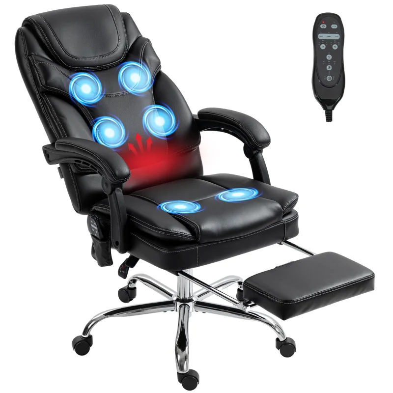 6 Point Vibration Massage Office Chair, PU Leather Heated Reclining Computer Chair with Footrest, Black