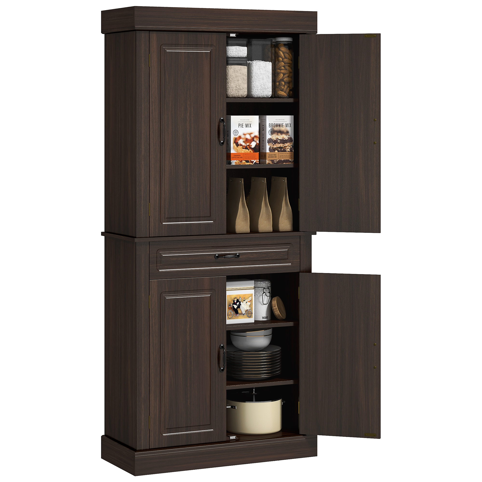 71" Freestanding Kitchen Pantry with 4 Doors and 2 Large Cabinets, Tall Storage Cabinet with Drawer, Coffee