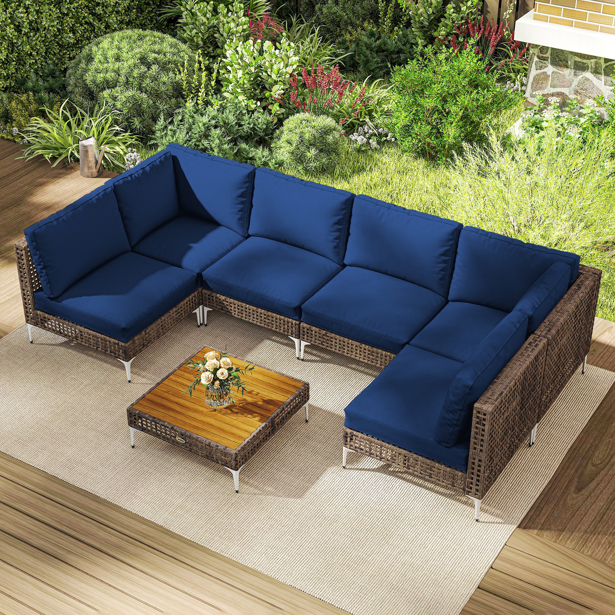 7 Piece Wicker Patio Furniture Set, Modular Outdoor Sectional with Thickened Cushions, Acacia Wood Table, Brown/Blue