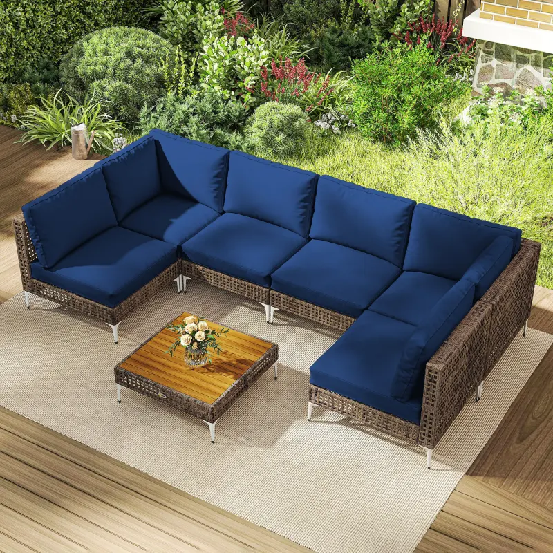 7 Piece Wicker Patio Furniture Set, Modular Outdoor Sectional with Thickened Cushions, Acacia Wood Table, Brown/Blue