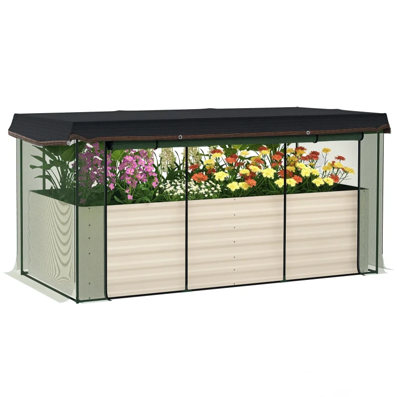 Galvanized Steel Planter Box with Crop Cage and Shade Cloth, Raised Garden Bed for Flowers, Veggies and Herbs, Beige