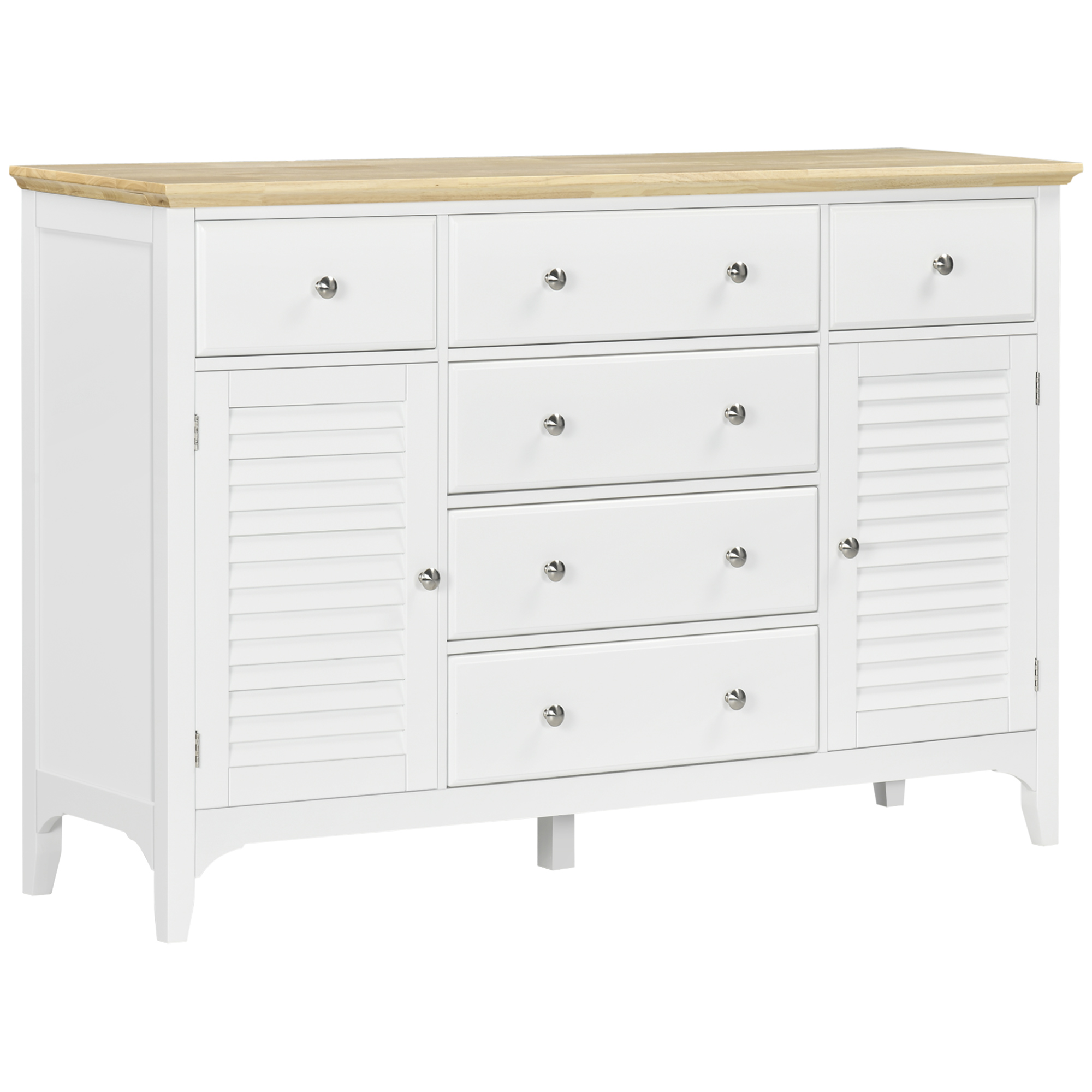  Sideboard Buffet Cabinet with Storage Drawers, Rubber Wood Top and Adjustable Shelves, Coffee Bar Cabinet, White