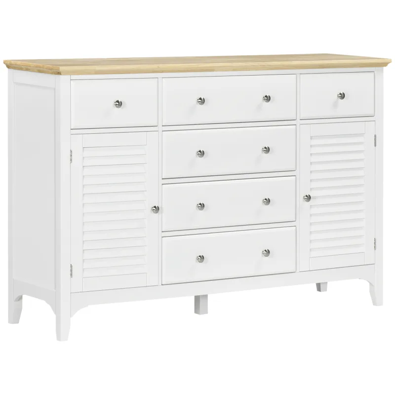 Sideboard Buffet Cabinet with Storage Drawers, Rubber Wood Top and Adjustable Shelves, Coffee Bar Cabinet, White