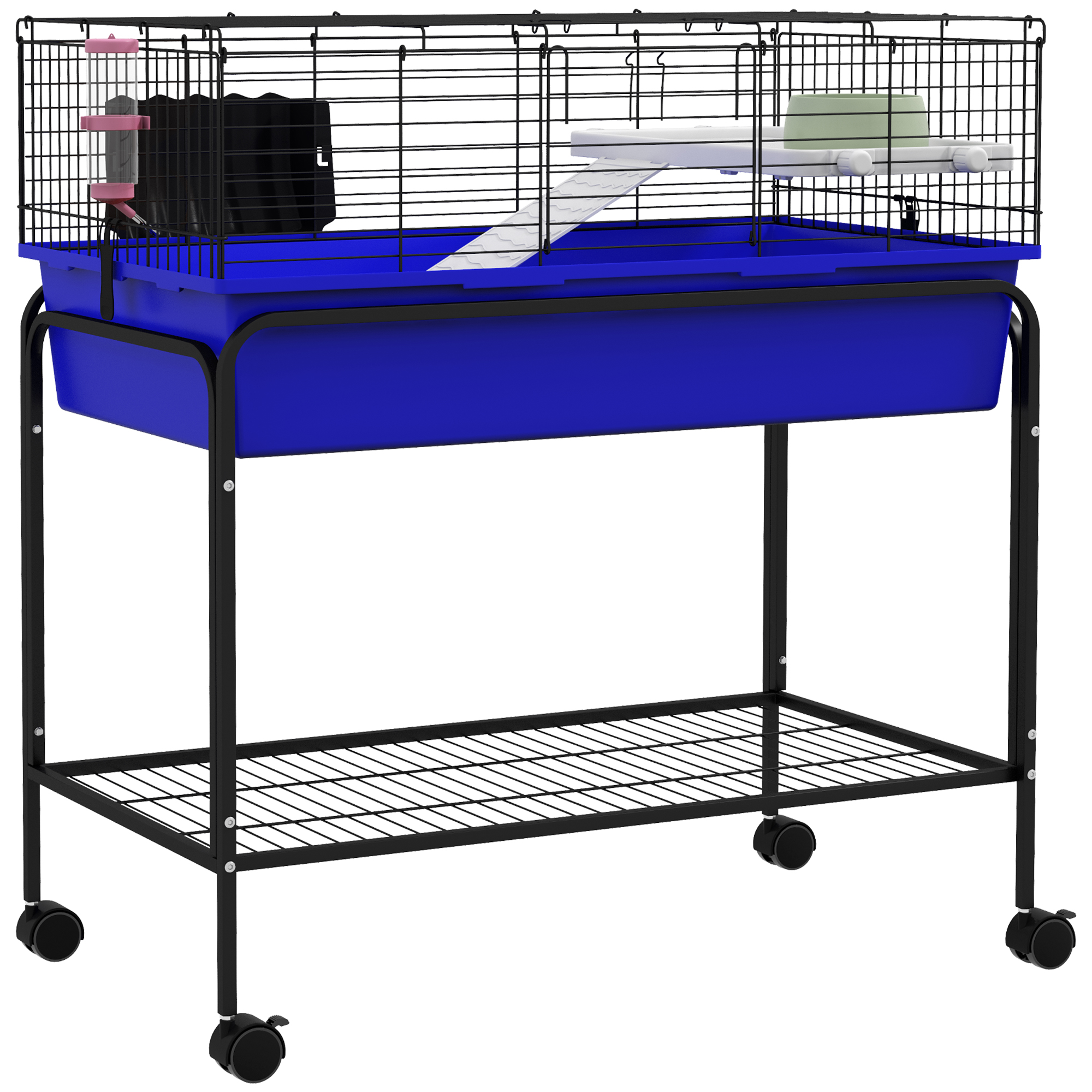 Two-Story Small Animal Cage Removable from Stand, Pet Habitat with Shelf & Wheels, 33" x 18.5" x 35", Blue