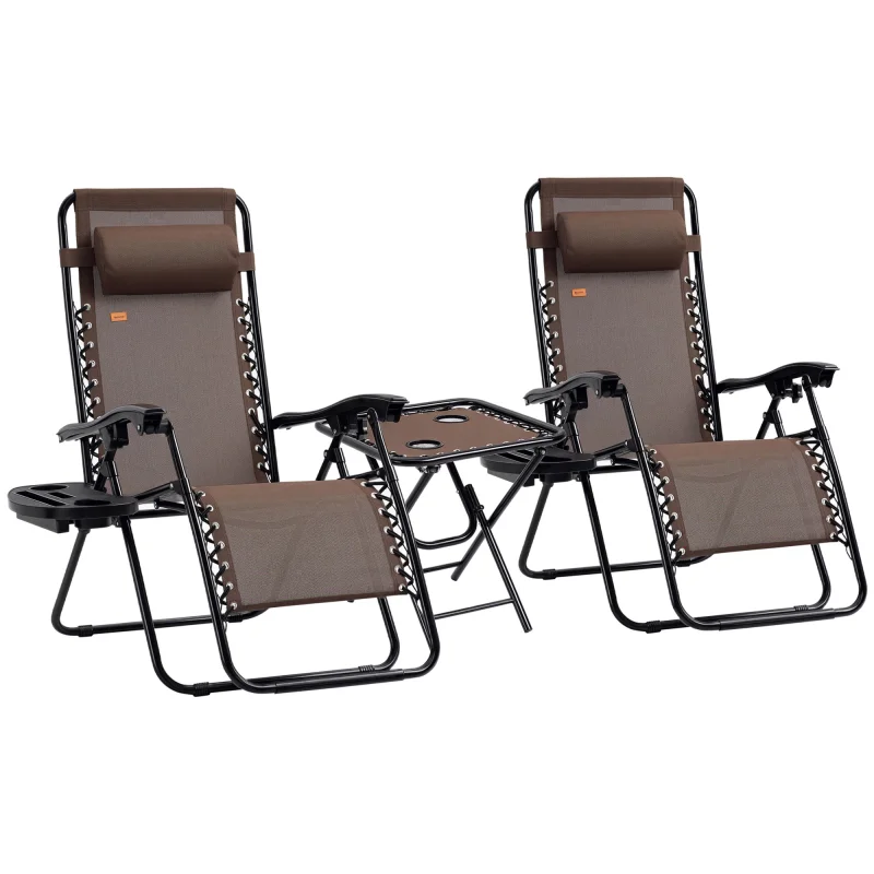 Zero Gravity Chair Set with Side Table, Folding Reclining Chair with Cupholders & Pillows, Adjustable Lounge Chairs for Pool, Backyard, Lawn, Beach, Brown