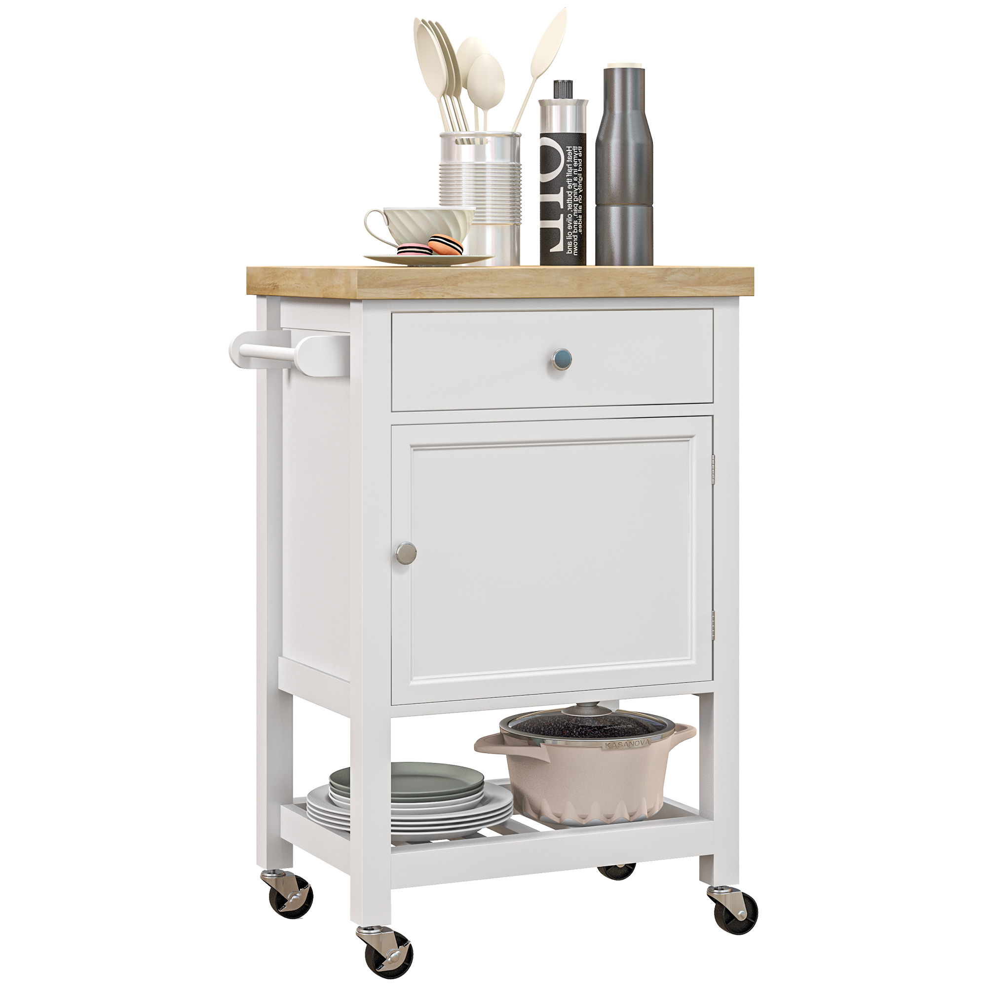 Kitchen Island on Wheels, Rolling Kitchen Cart with Rubberwood Top, Drawer, Wine Rack and Cabinet, White