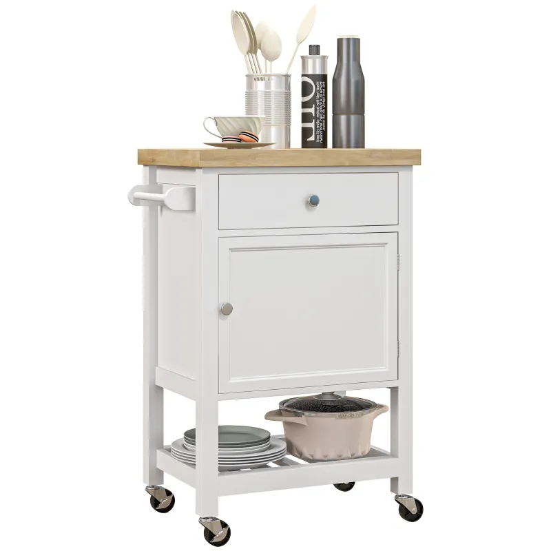 Kitchen Island on Wheels, Rolling Kitchen Cart with Rubberwood Top, Drawer, Wine Rack and Cabinet, White
