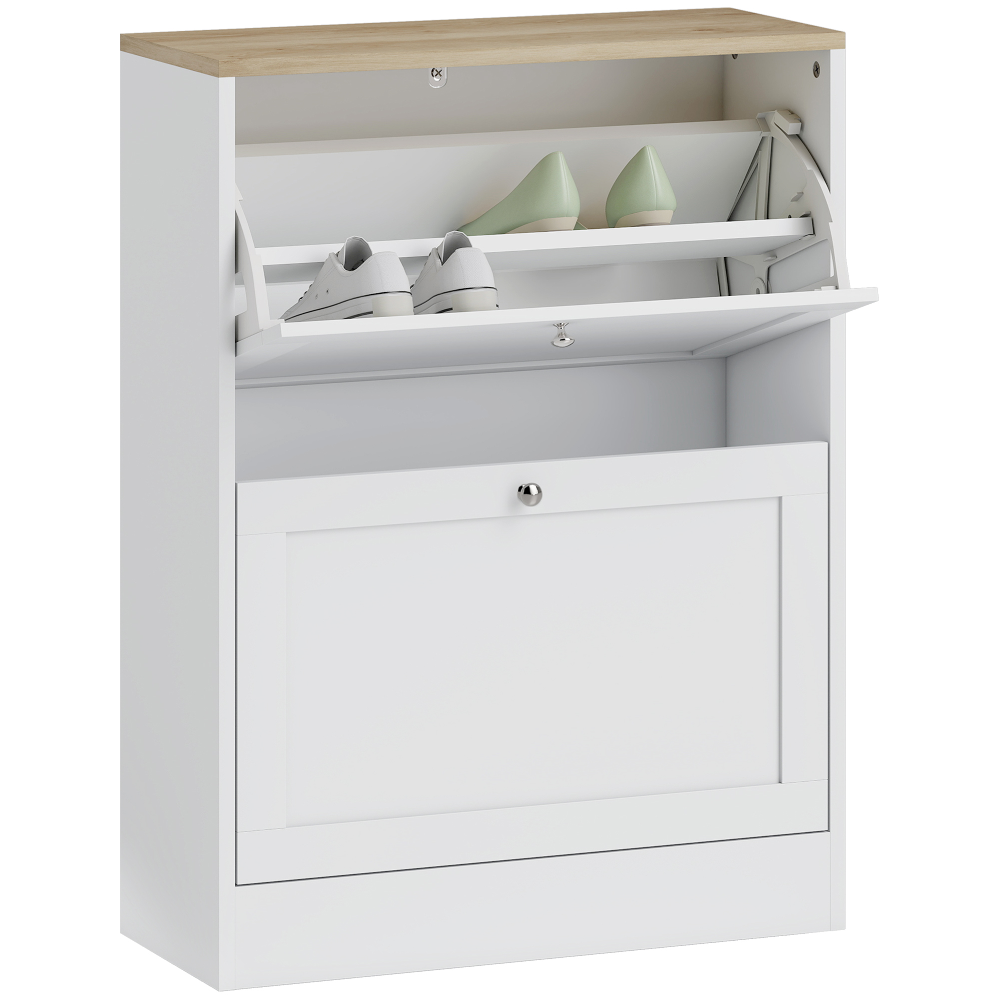 Slim Shoe Storage Cabinet, Modern Shoe Cabinet with 2 Flip Drawers and Adjustable Shelves for 8-12 Pairs, White