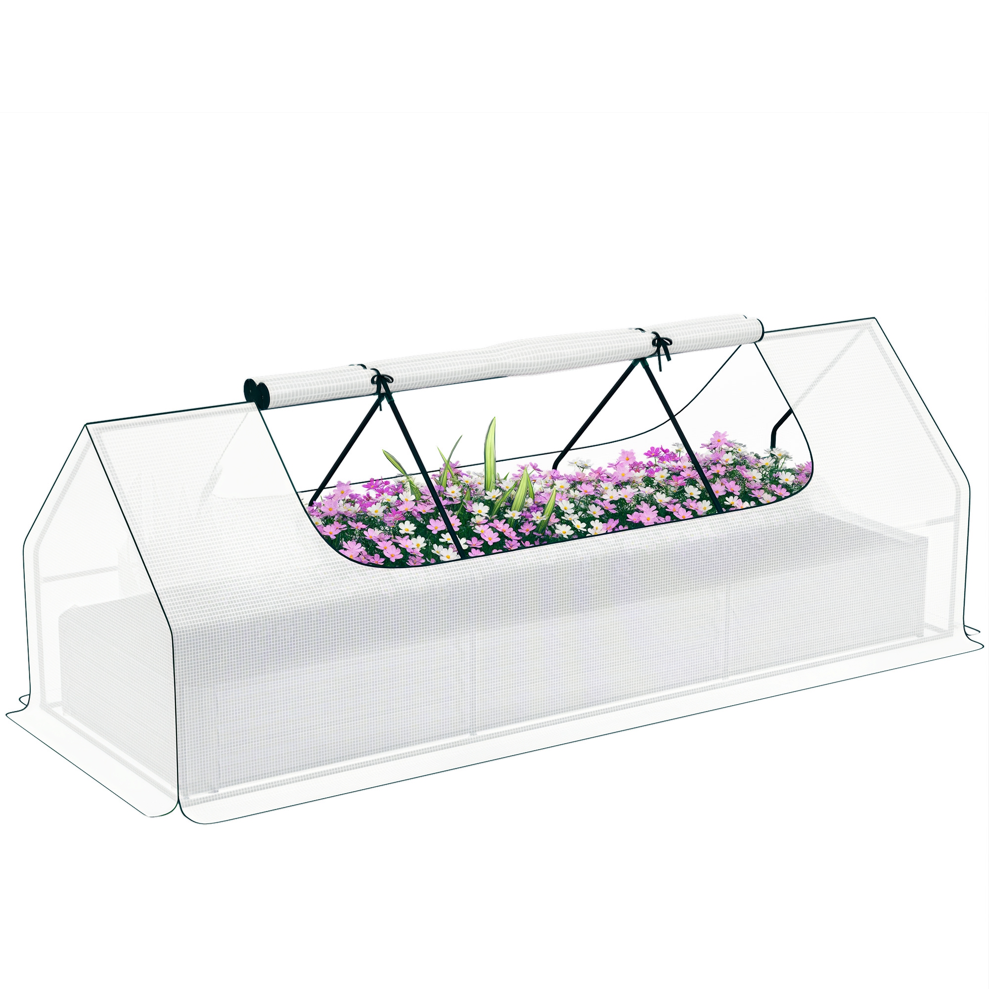 8.6 x 3 x 1ft Metal Planter Box with Mini Greenhouse, Galvanized Raised Garden Bed with Cover for Herbs and Vegetables, Small Greenhouse for Patio Garden Balcony, White and Silver