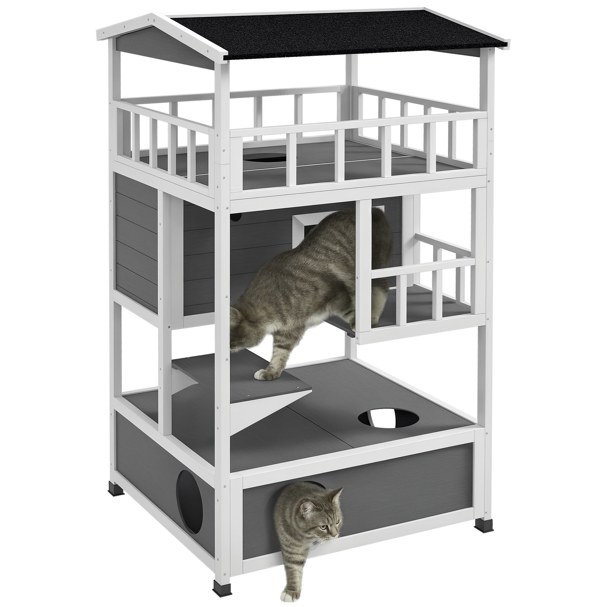 Wooden Outdoor Cat House with Asphalt Roof, Escape Doors, Condo, Jumping Platform, Light Gray
