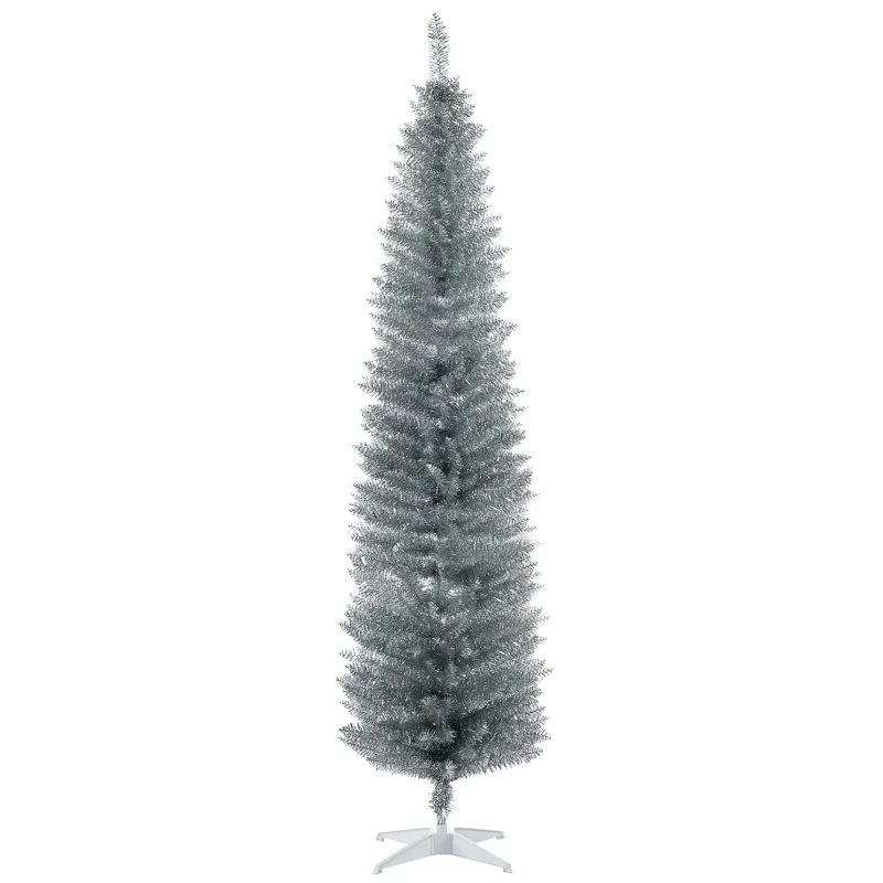 7ft Unlit Pencil Artificial Christmas Tree with Realistic Branches and 499 Tips, Plastic Base, Silver