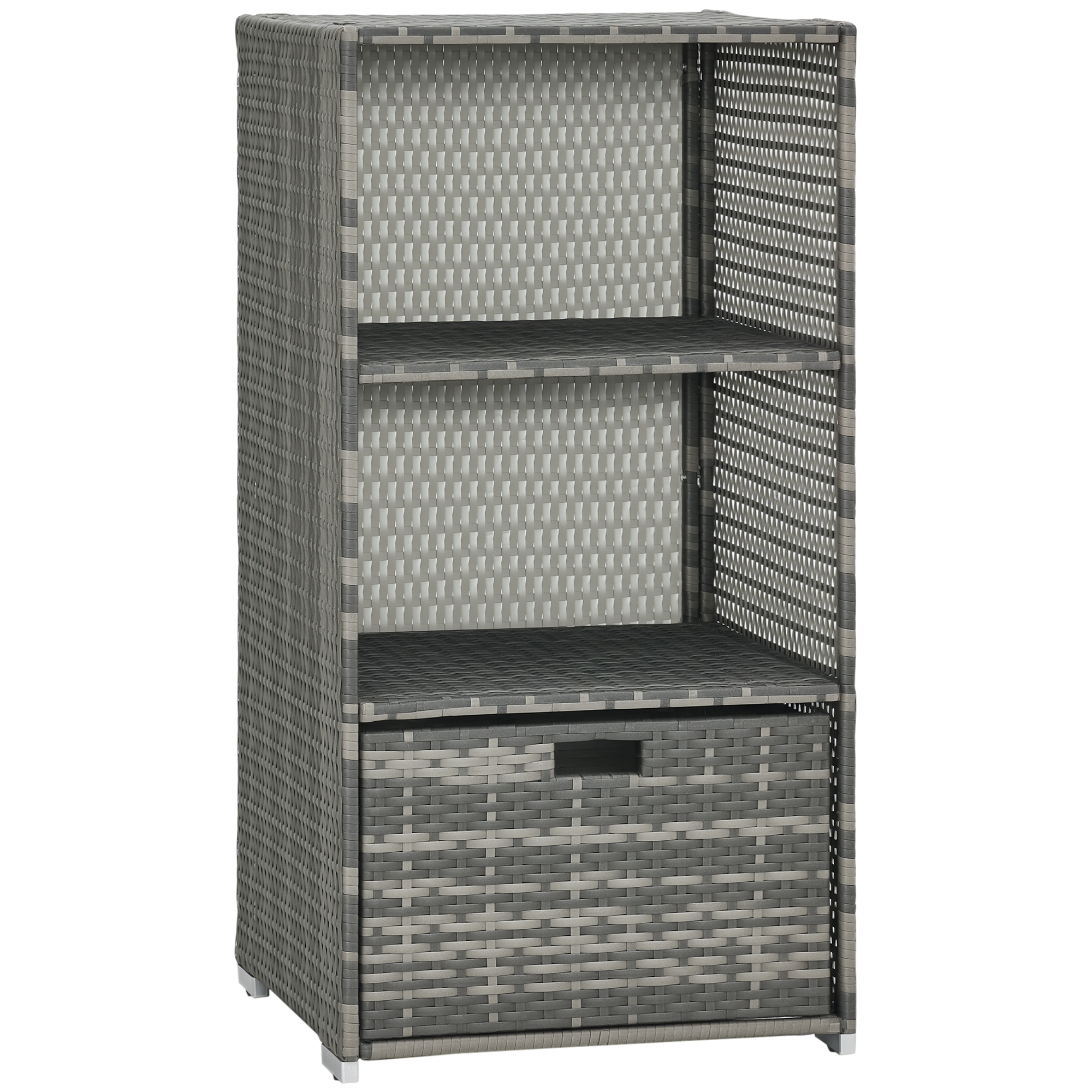  Valet Pool Towel Rack, Waterproof PE Plastic Rattan Wicker Storage Organizer, Indoor Outdoor Spa, and Hot Tub Accessory Storage, 2 Shelves, 1 Basket Drawer, Gray