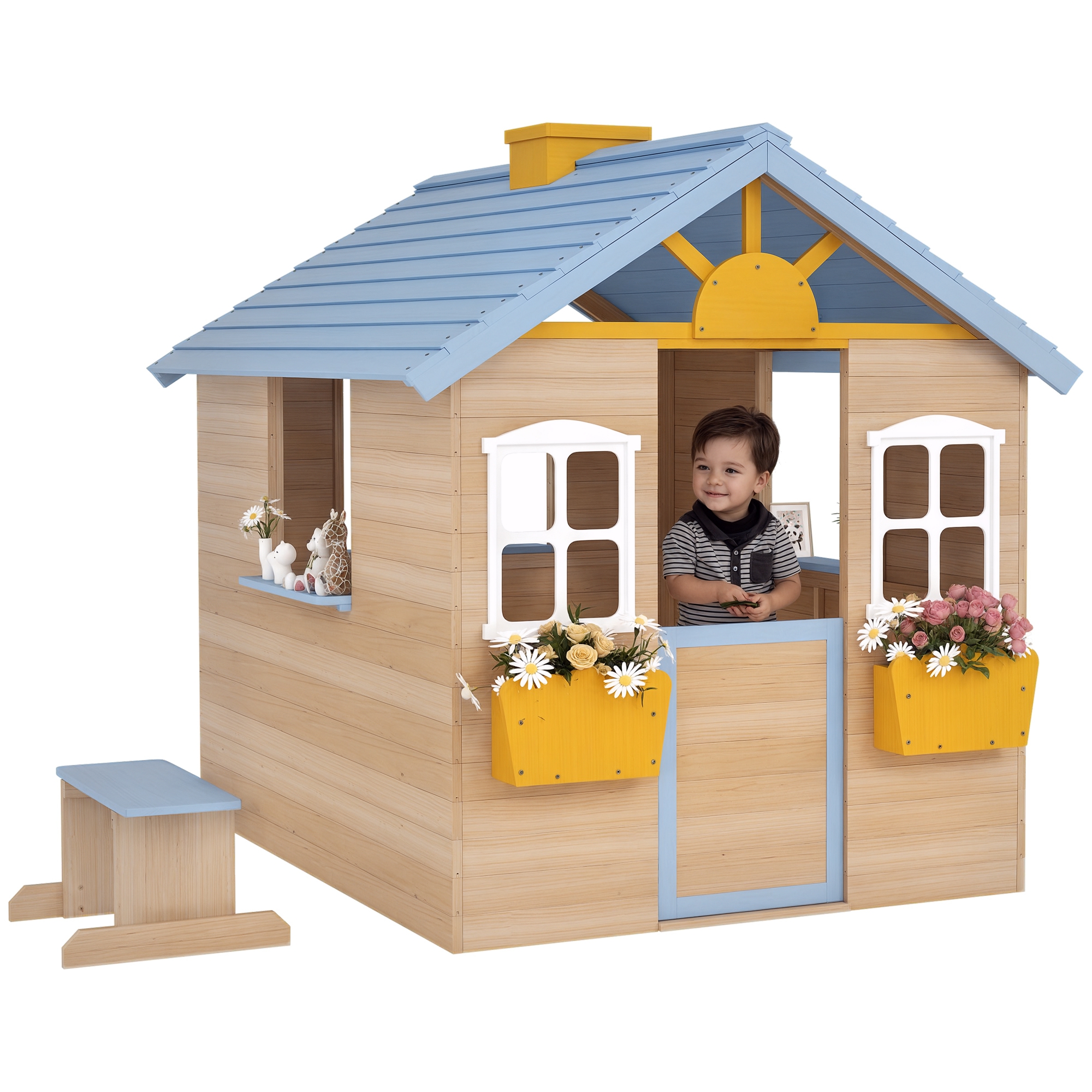 Wooden Playhouse for Kids Outdoor Garden with Working Door, Windows, Bench, Service Station, Flowers Pot Holder, Blue