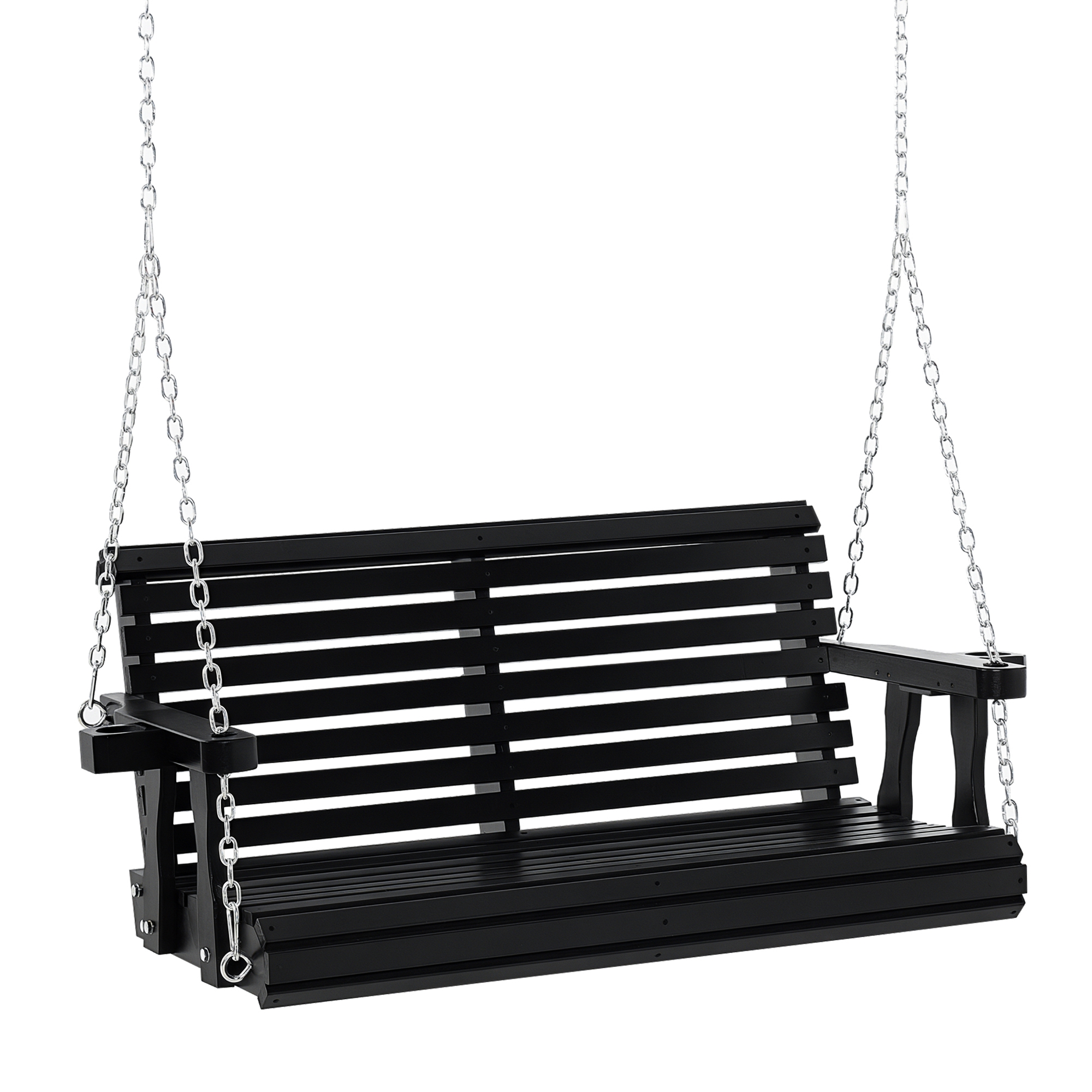 Porch Swing with Chains and Cupholders, 2 Person Wooden Patio Swing Chair, 440 lbs. Weight Capacity, for Garden, Poolside, Backyard, Black