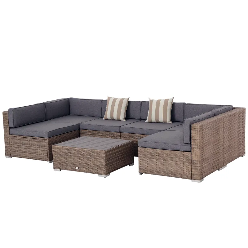 7-Piece Outdoor Wicker Patio Sofa Set, Modern Rattan Conversation Furniture Set with Cushions, and Tea Table, Gray