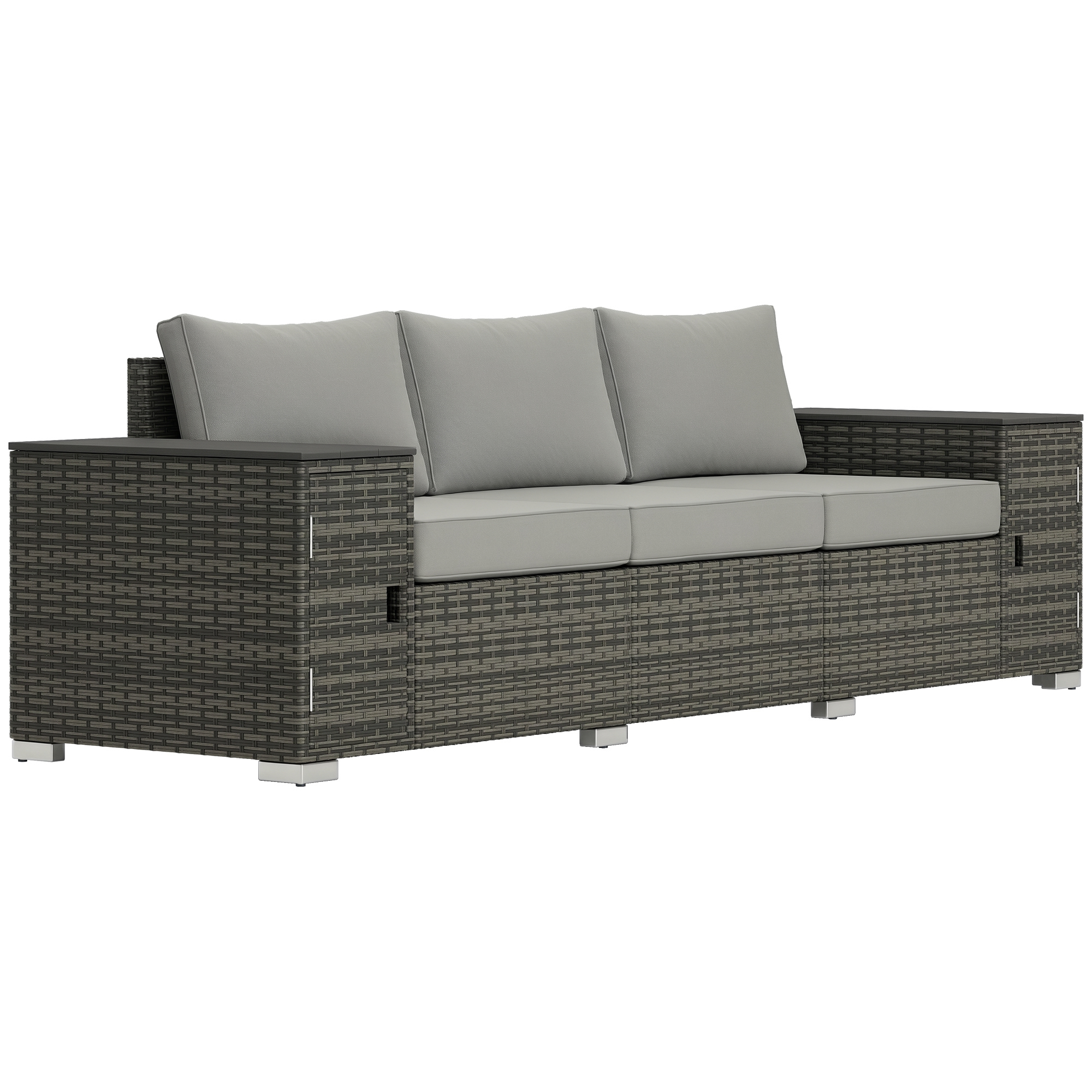 3 Seater Wicker Outdoor Couch Patio Sofa with Storage, Thickened Cushions and Wide Armrests for Porch Yard, Gray