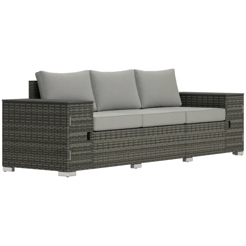 3 Seater Wicker Outdoor Couch Patio Sofa with Storage, Thickened Cushions and Wide Armrests for Porch Yard, Gray