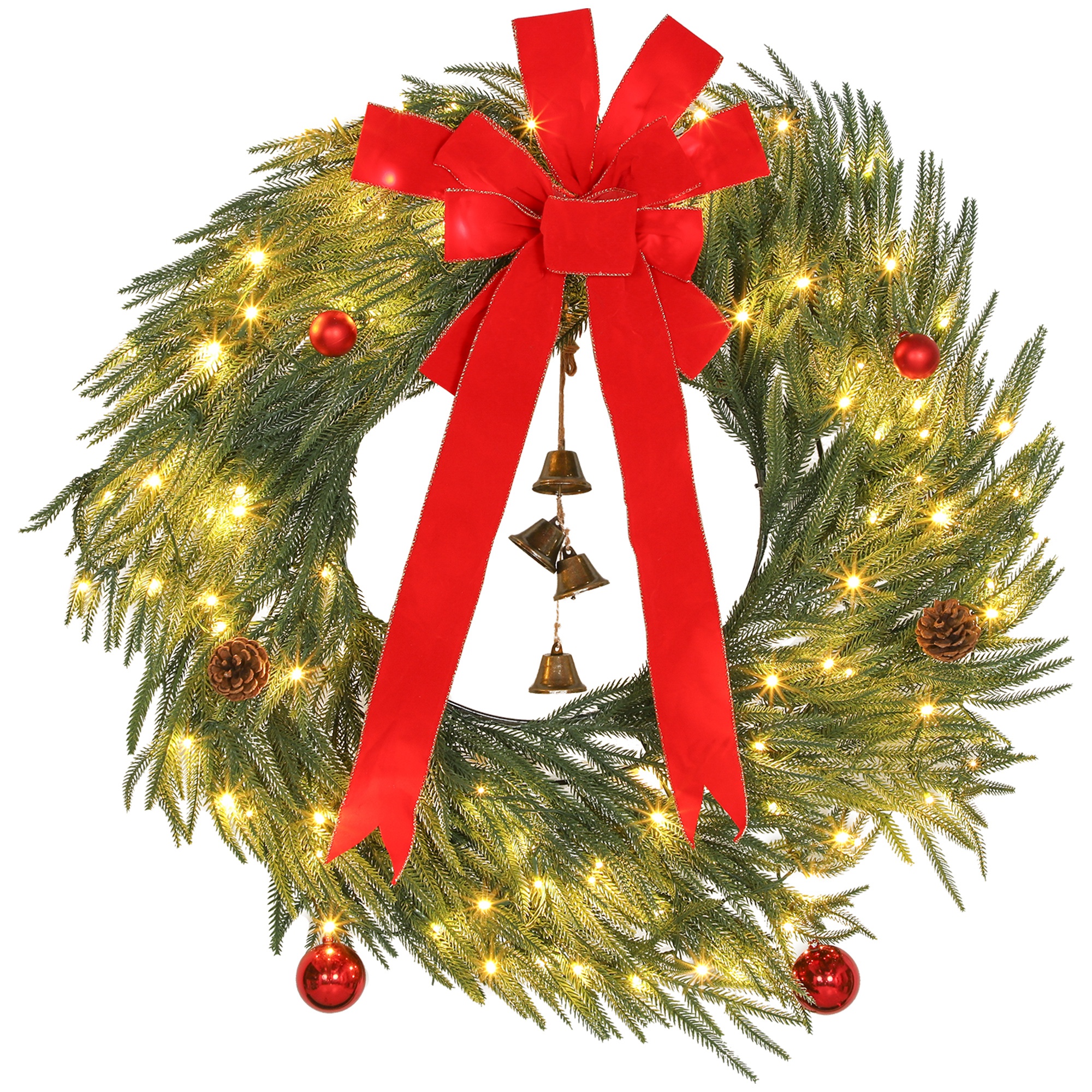 36 Inch Christmas Wreath for Front Door with LED Lights, Prelit Christmas Wreath with 8 Modes and Ornaments, Green