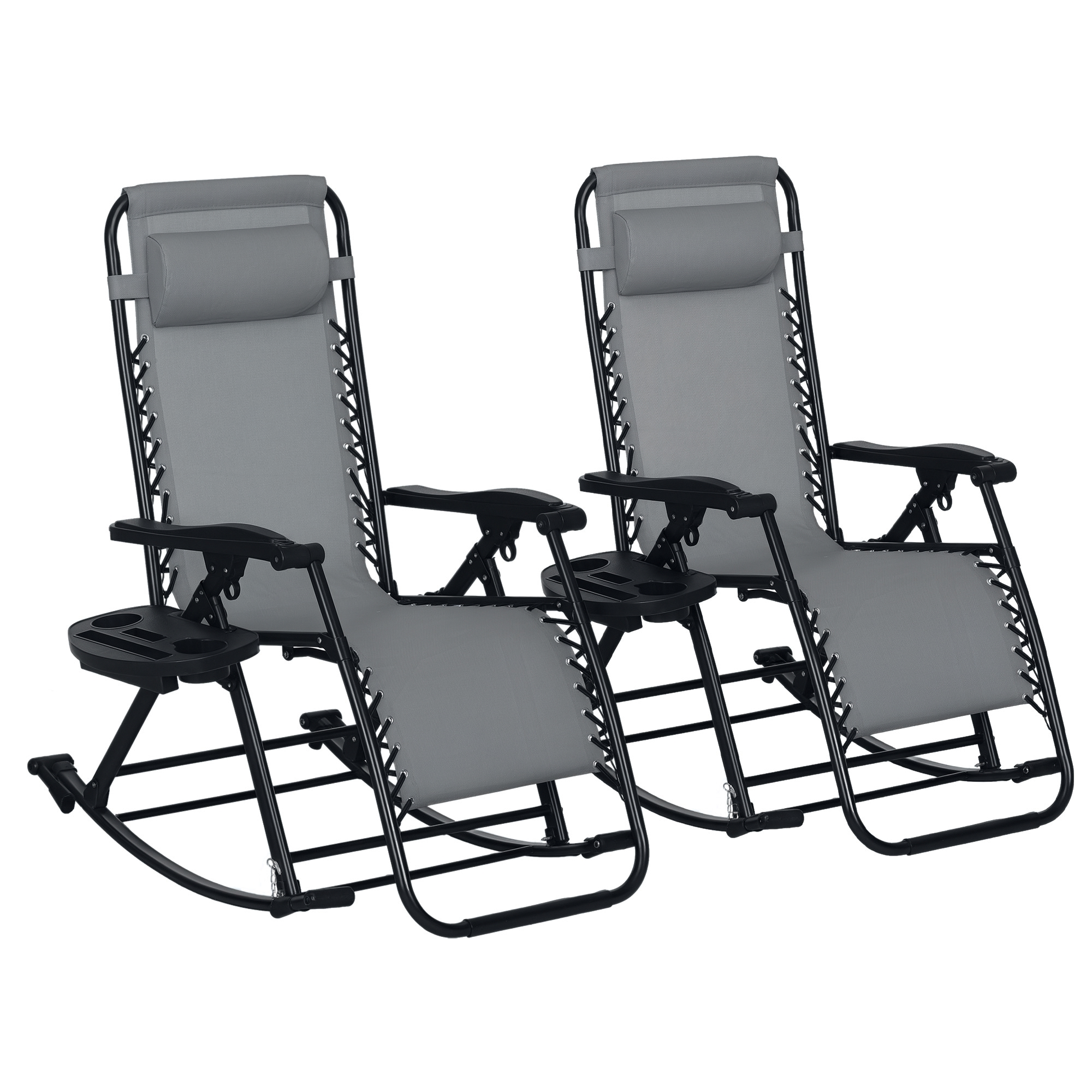 2 Outdoor Rocking Chairs Foldable Reclining Zero Gravity Lounge Rockers w/ Pillow Cup & Phone Holder, Gray