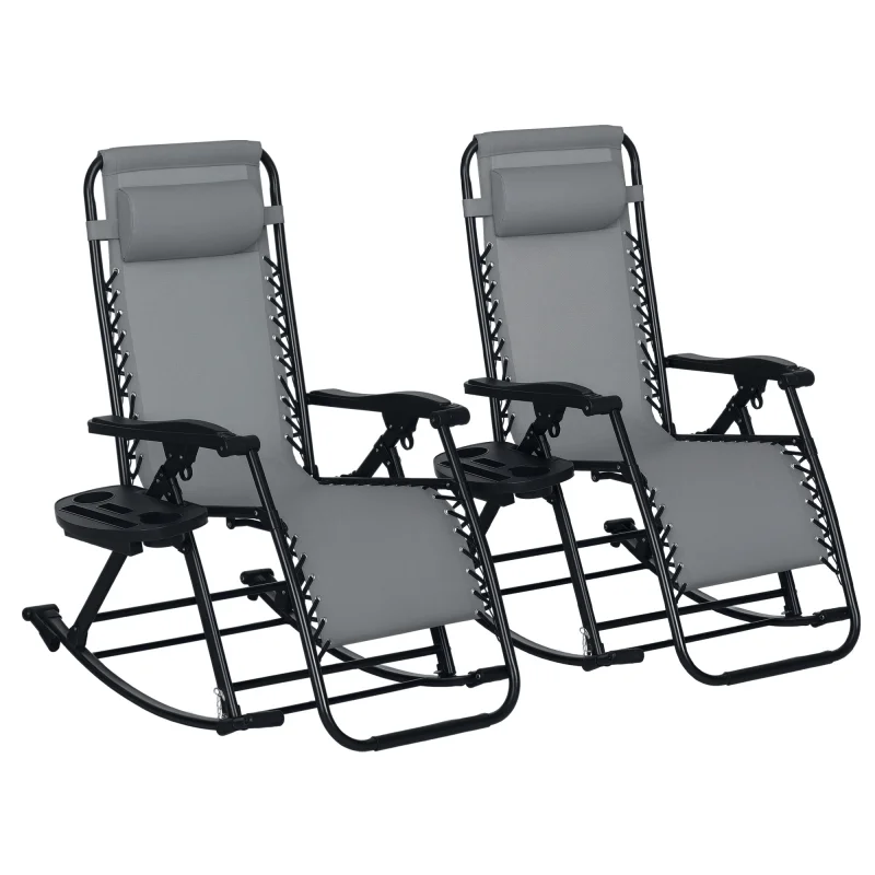 2 Outdoor Rocking Chairs Foldable Reclining Zero Gravity Lounge Rockers w/ Pillow Cup & Phone Holder, Gray