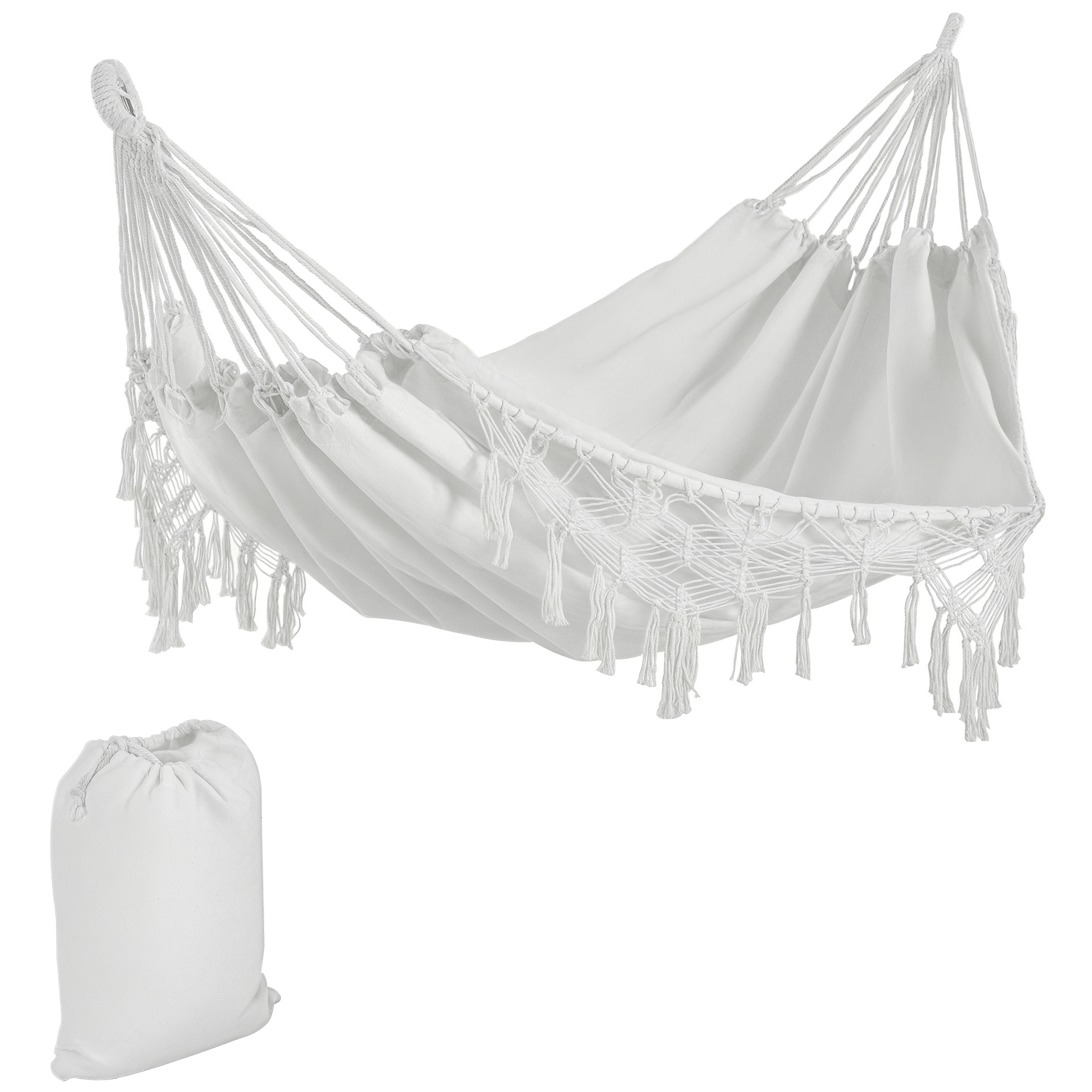 Extra Large Boho Hammock with Macrame Tassel Fringe, Includes Carrying Bag, Indoor Outdoor Tree Hammock, White