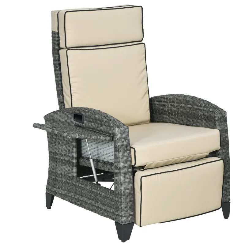 Outdoor Recliner Chair with Cushions, Reclining Patio Lounge Chair with Adjustable Footrest, Armrests, Tray Table, Khaki