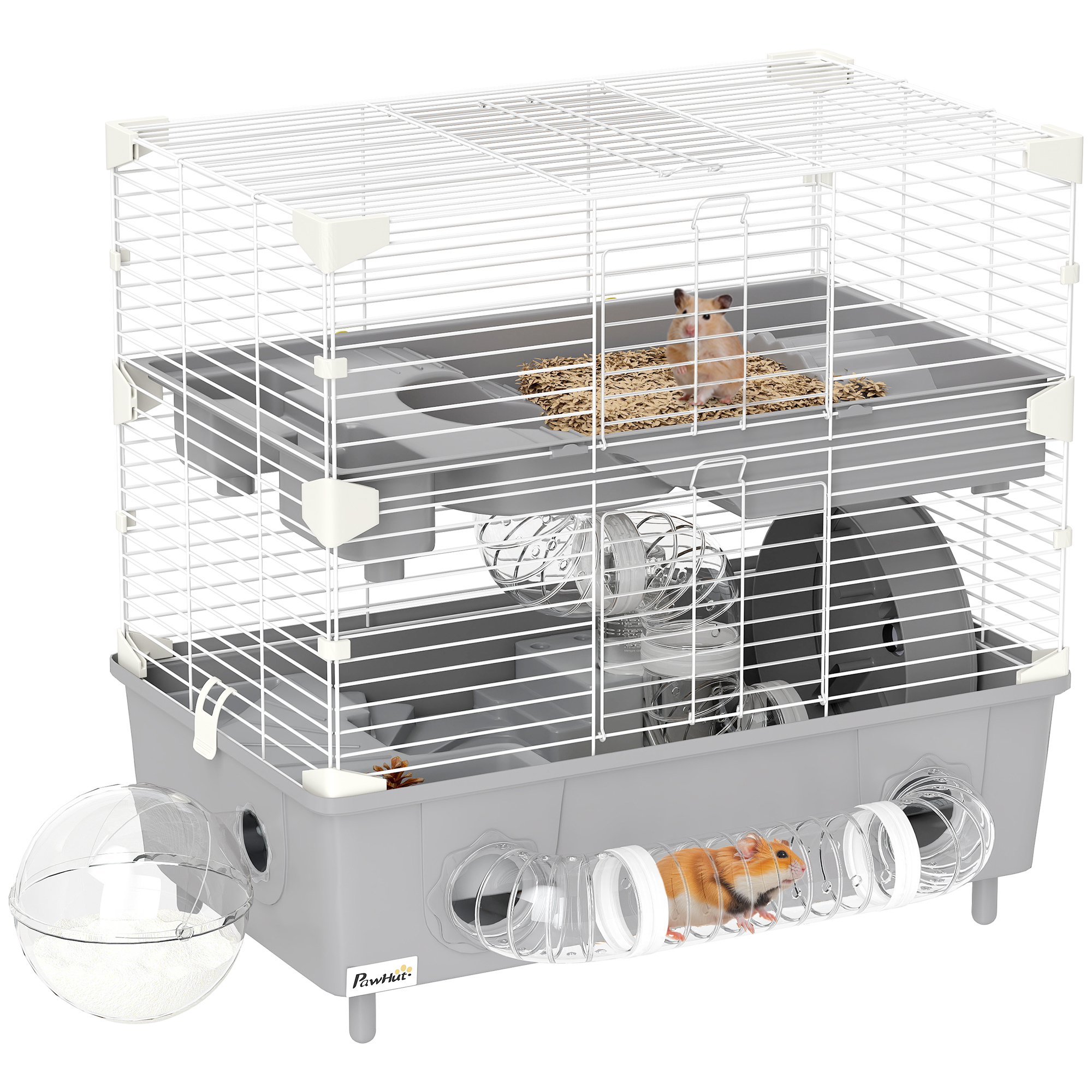 2-Tier Hamster Cage with Sand Bathroom, Running Wheel, Water Bottle, Tubes, Accessories, for Dwarf Hamster, Gray