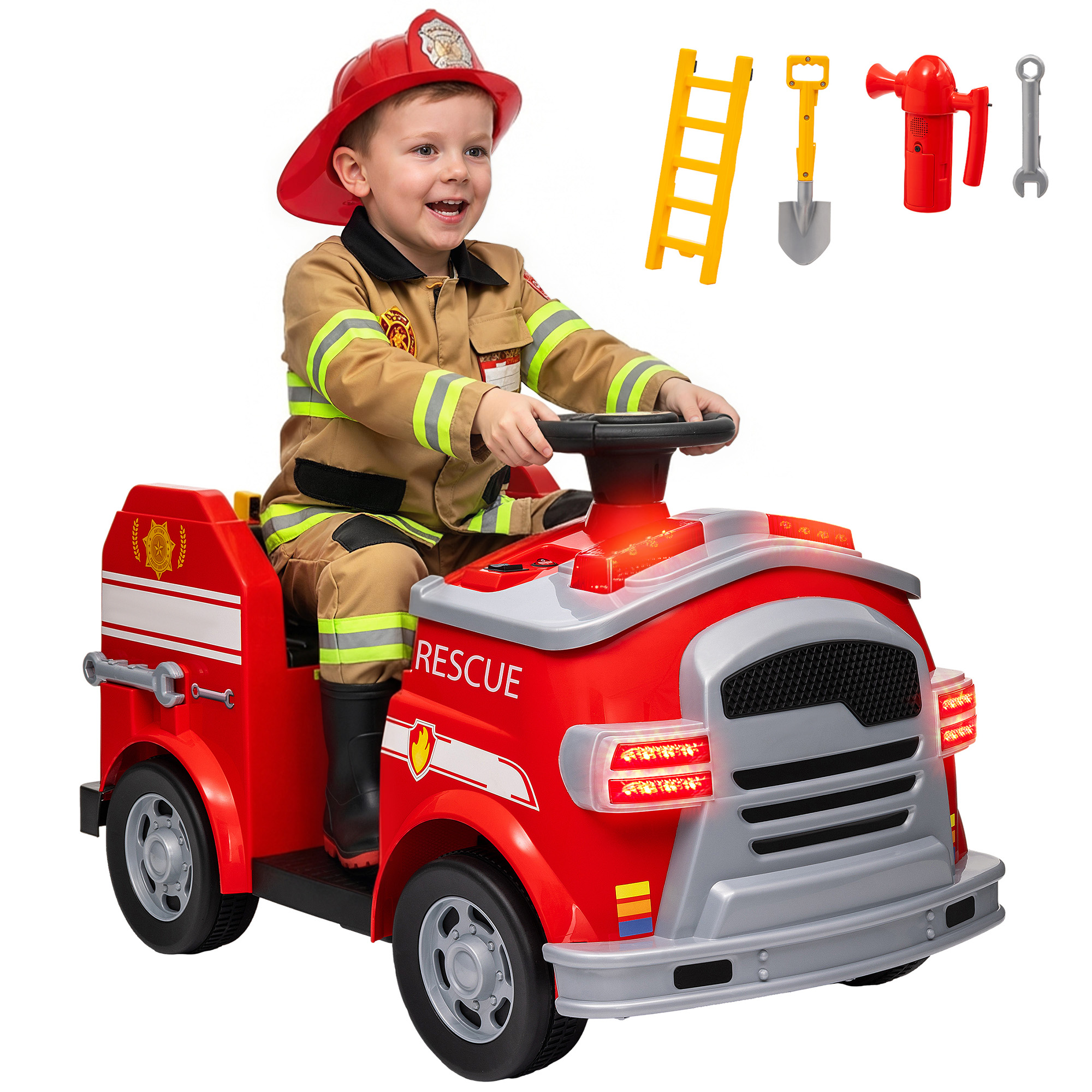 12V Ride on Fire Truck with Siren, Flashing Lights Fire Extinguisher, Soft Start, Horn Music, Red