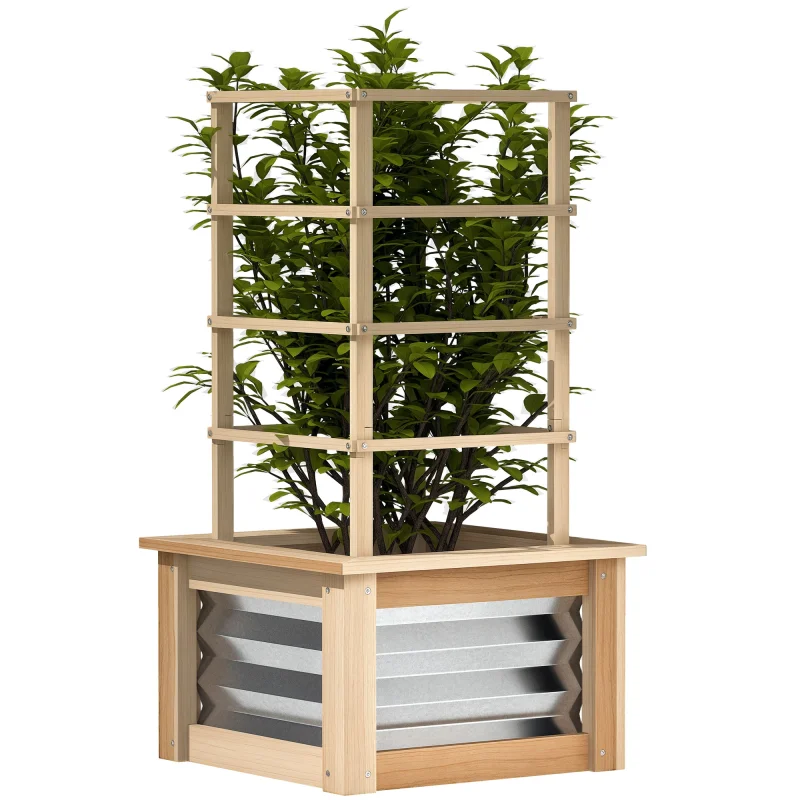 Wooden Raised Garden Bed with Trellis, Galvanized Planter Box Elevated Garden Bed for Garden, Patio, Natural Wood