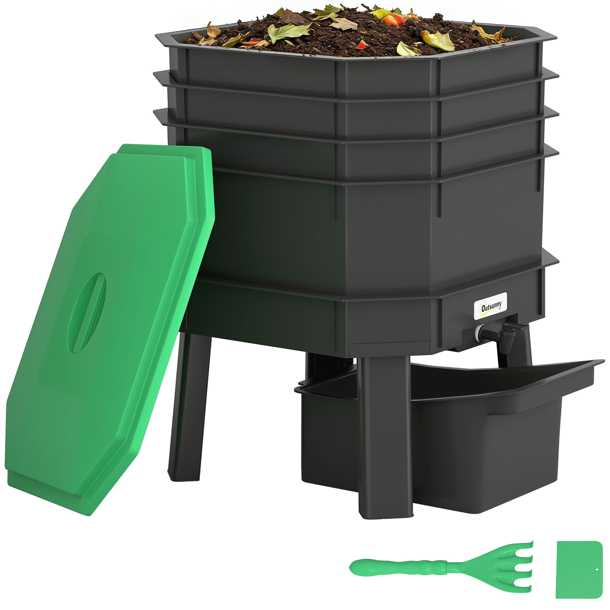 4-Tray Worm Composter Bin, 7.4 Gal Outdoor & Indoor Worm Composter for Recycling Food Waste, Dark Green