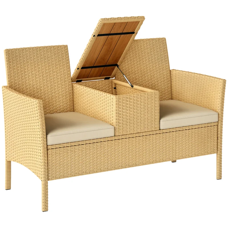 Patio Sofa Wicker Loveseat with Built-in Flip-Top Coffee Table and Cushions for Balcony, Garden, Lawn, Backyard, Khaki