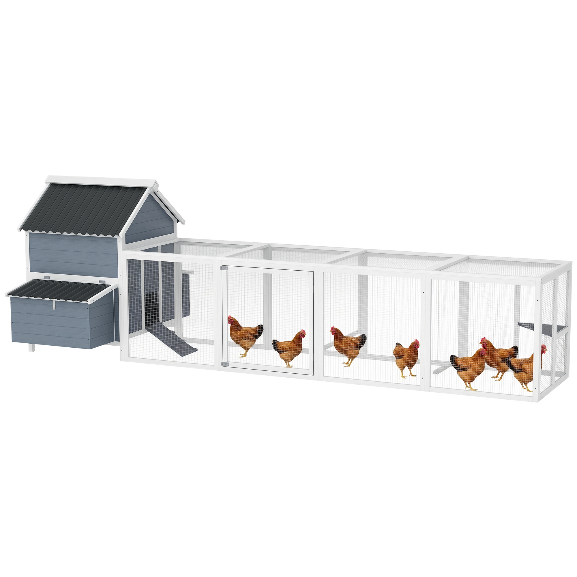 156" Extra Large Wooden Chicken Coop with 2 Nesting Box, Run Cage, Waterproof Wave Roof, for 10-15 Chickens, Light Gray